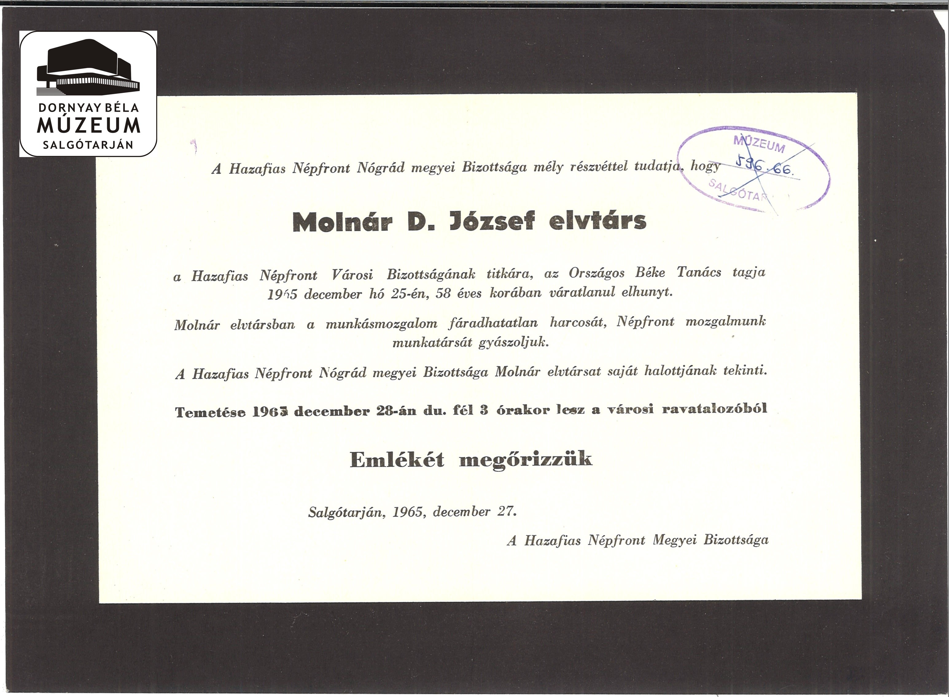 Molnár D. József gyászjelentése (Dornyay Béla Múzeum, Salgótarján CC BY-NC-SA)