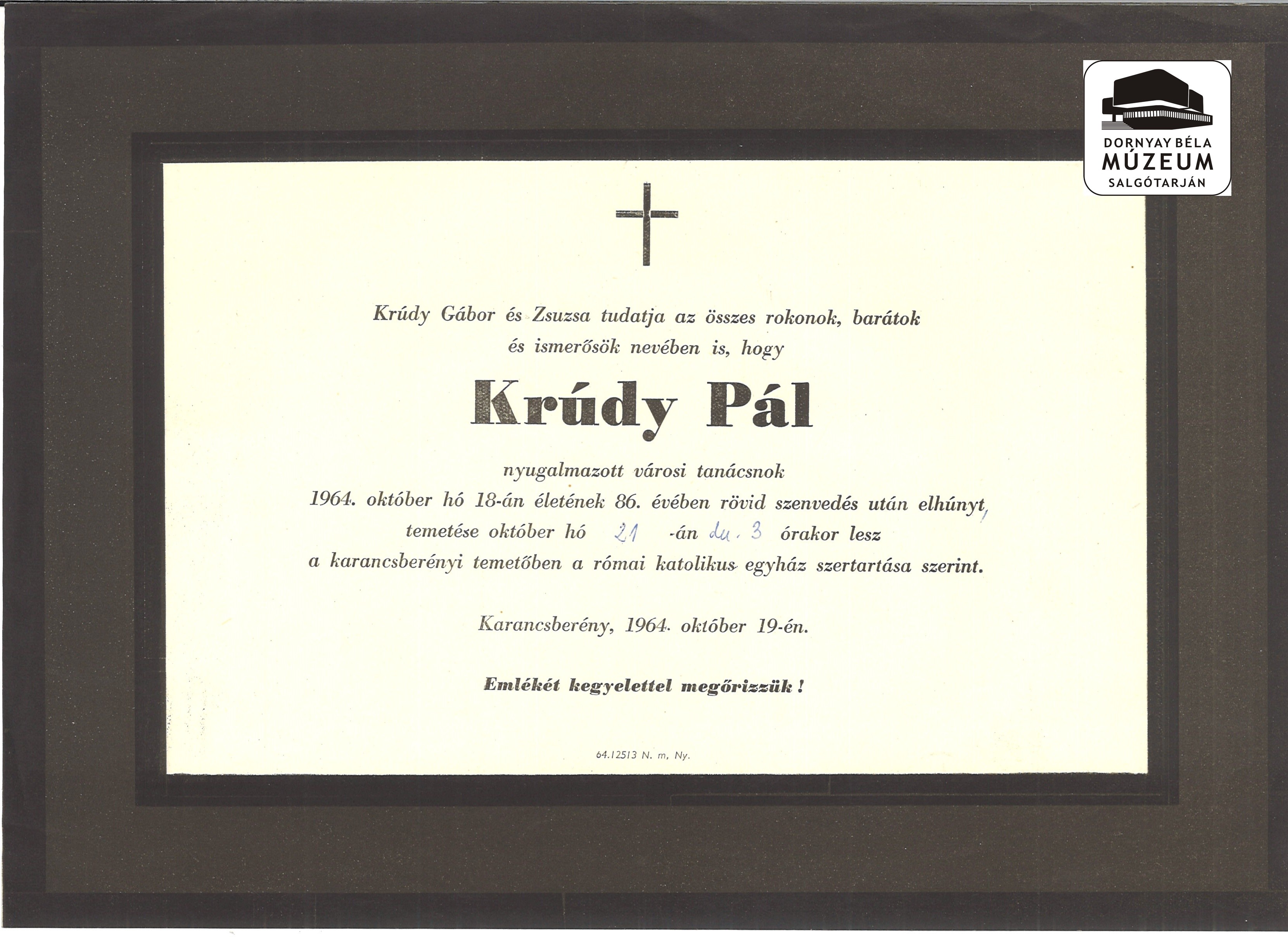 Krúdy Pál gyászjelentése (Dornyay Béla Múzeum, Salgótarján CC BY-NC-SA)