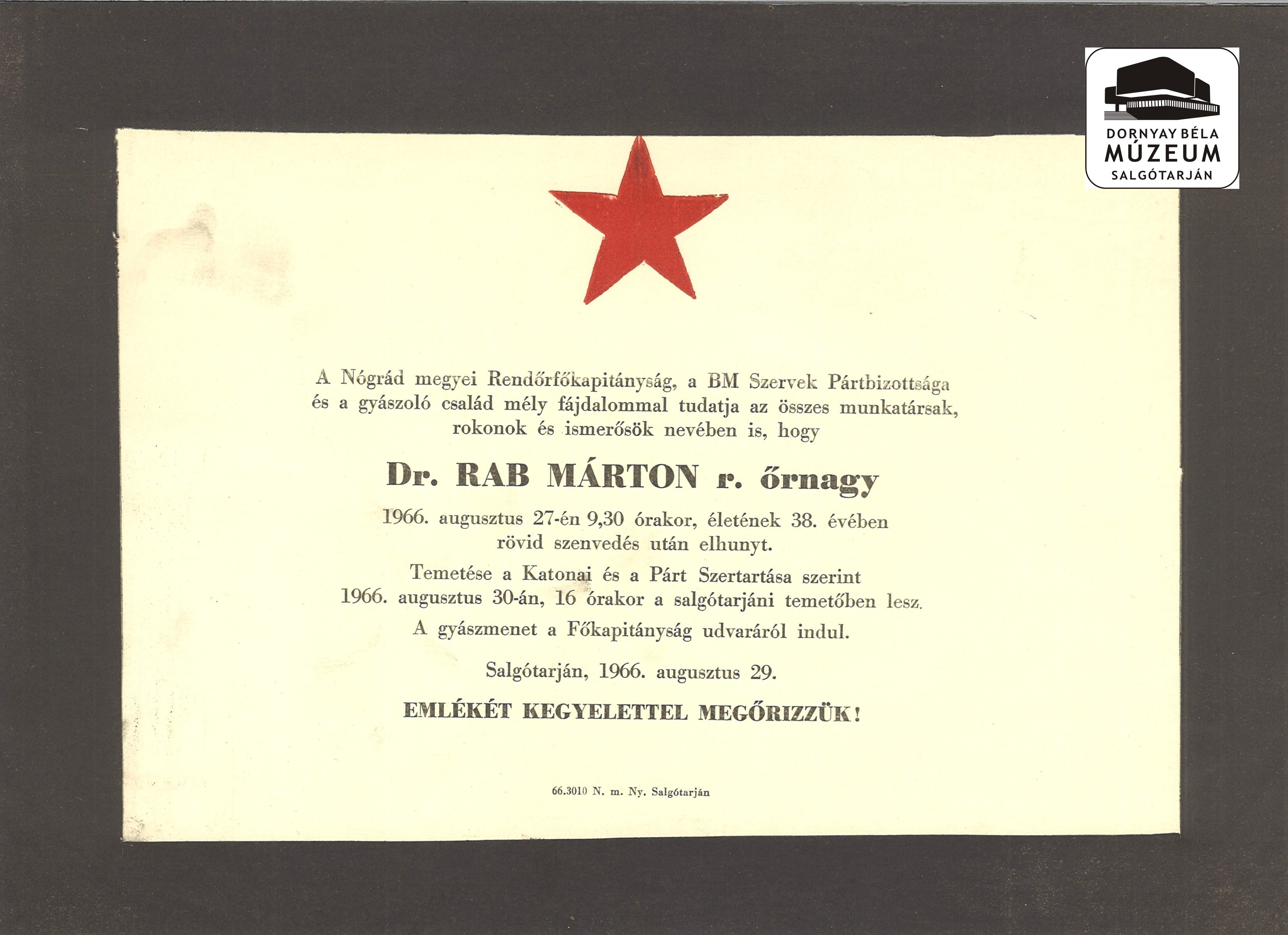 Dr. Rab Márton gyászjelentése (Dornyay Béla Múzeum, Salgótarján CC BY-NC-SA)