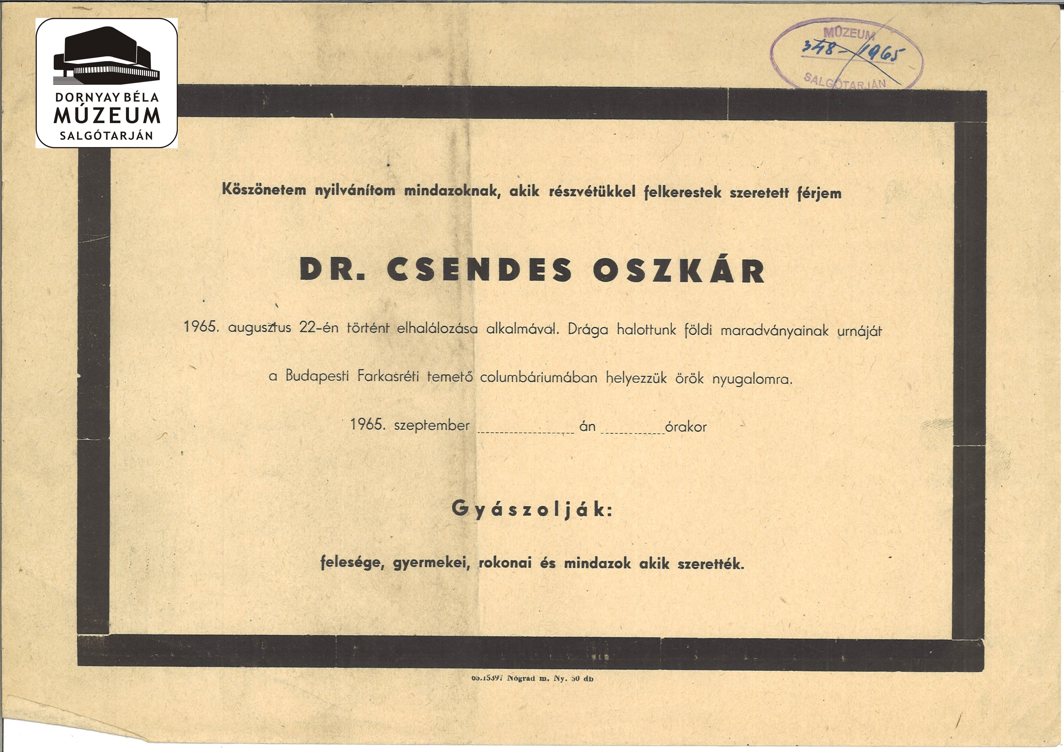 Dr. Csendes Oszkár gyászjelentése (Dornyay Béla Múzeum, Salgótarján CC BY-NC-SA)