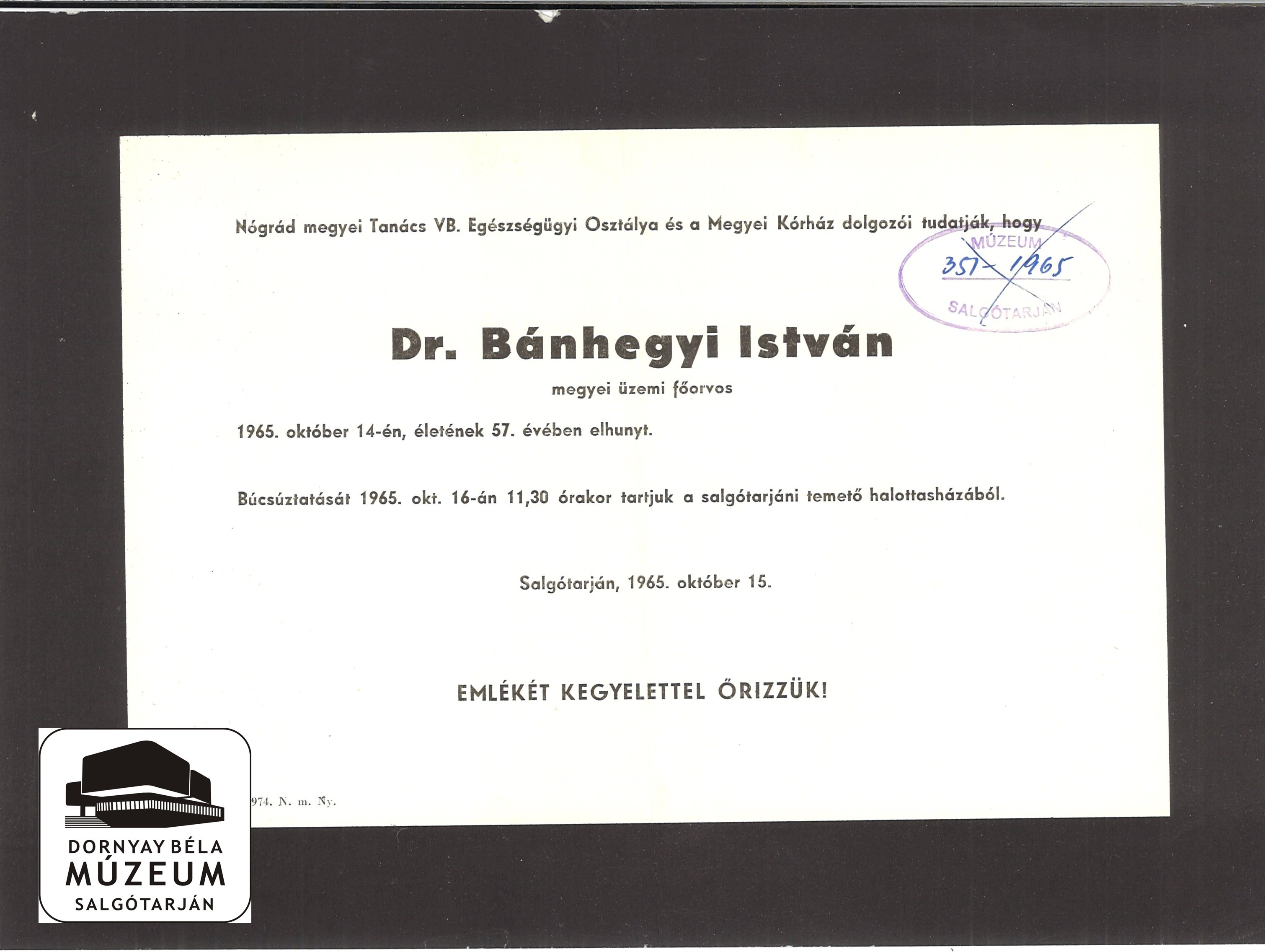 Dr. Bánhegyi István gyászjelentése (Dornyay Béla Múzeum, Salgótarján CC BY-NC-SA)