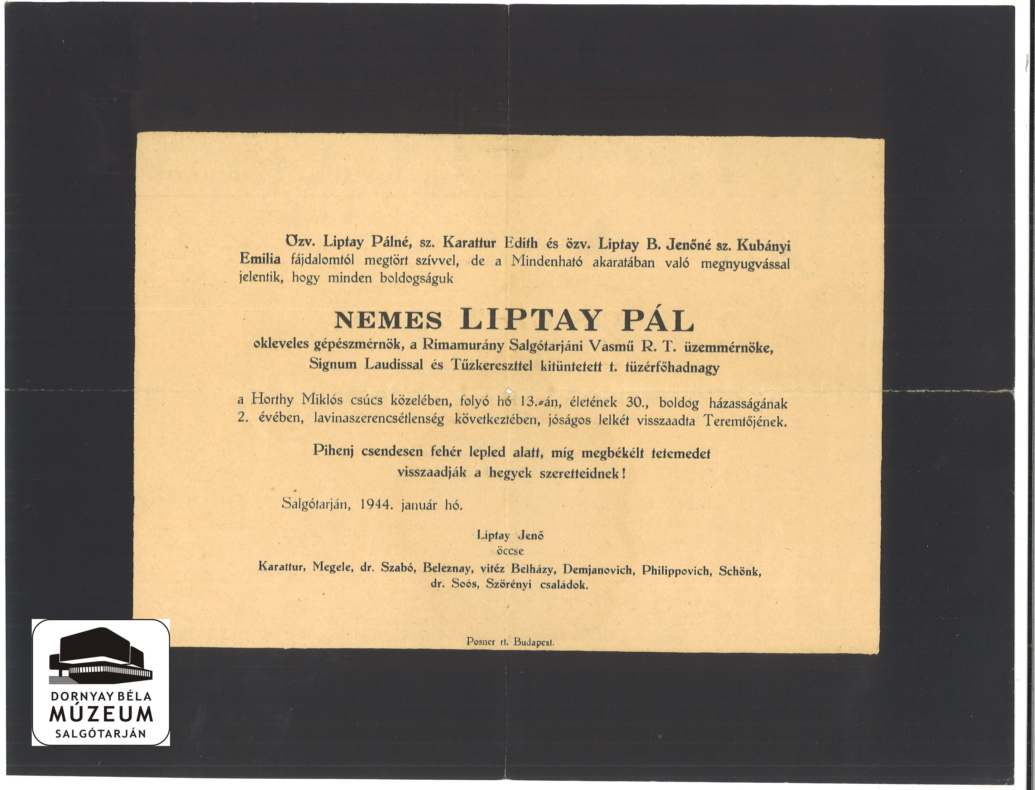 Liptay Pál gyászjelentése (Dornyay Béla Múzeum, Salgótarján CC BY-NC-SA)