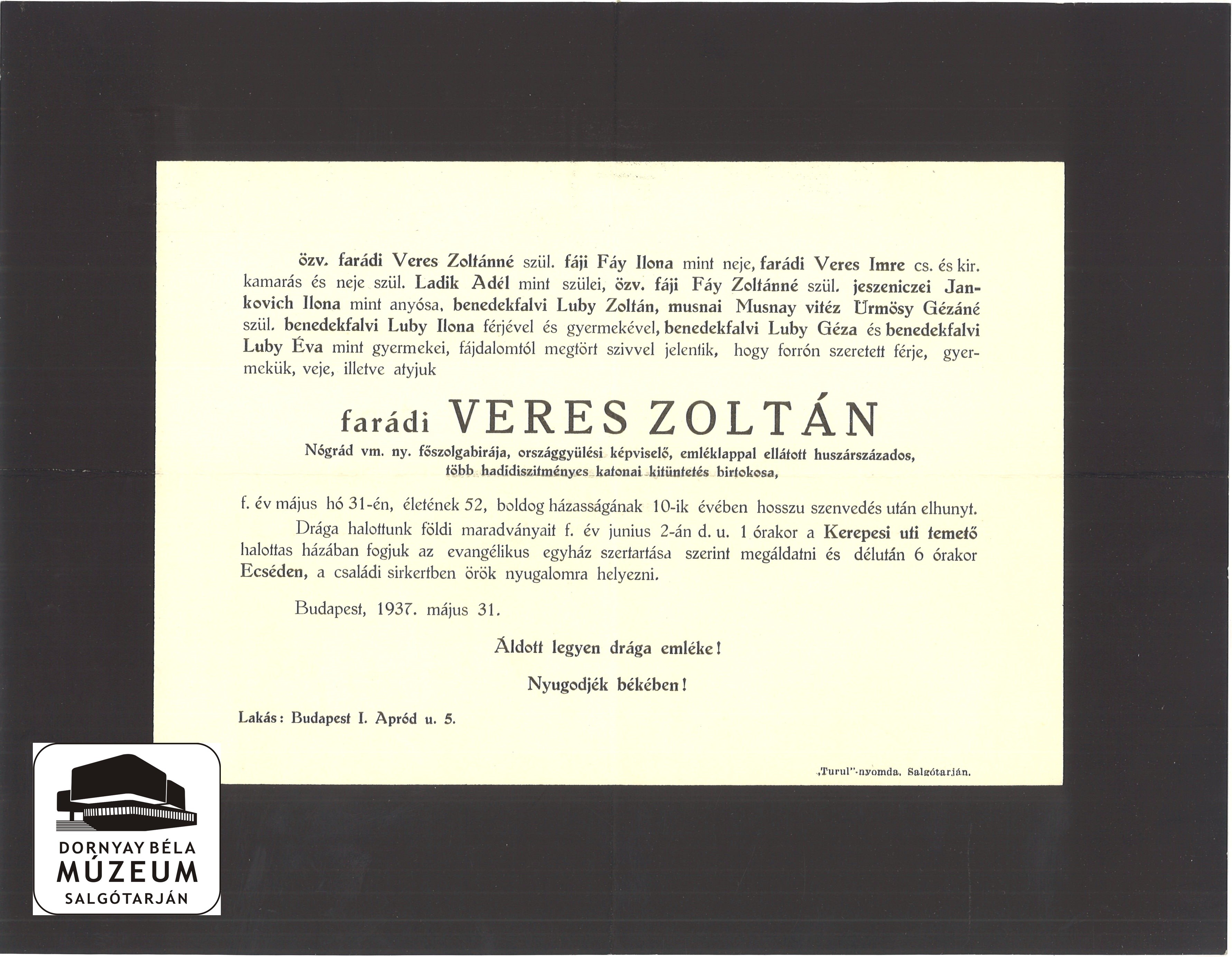 Veres Zoltán  gyászjelentése (Dornyay Béla Múzeum, Salgótarján CC BY-NC-SA)