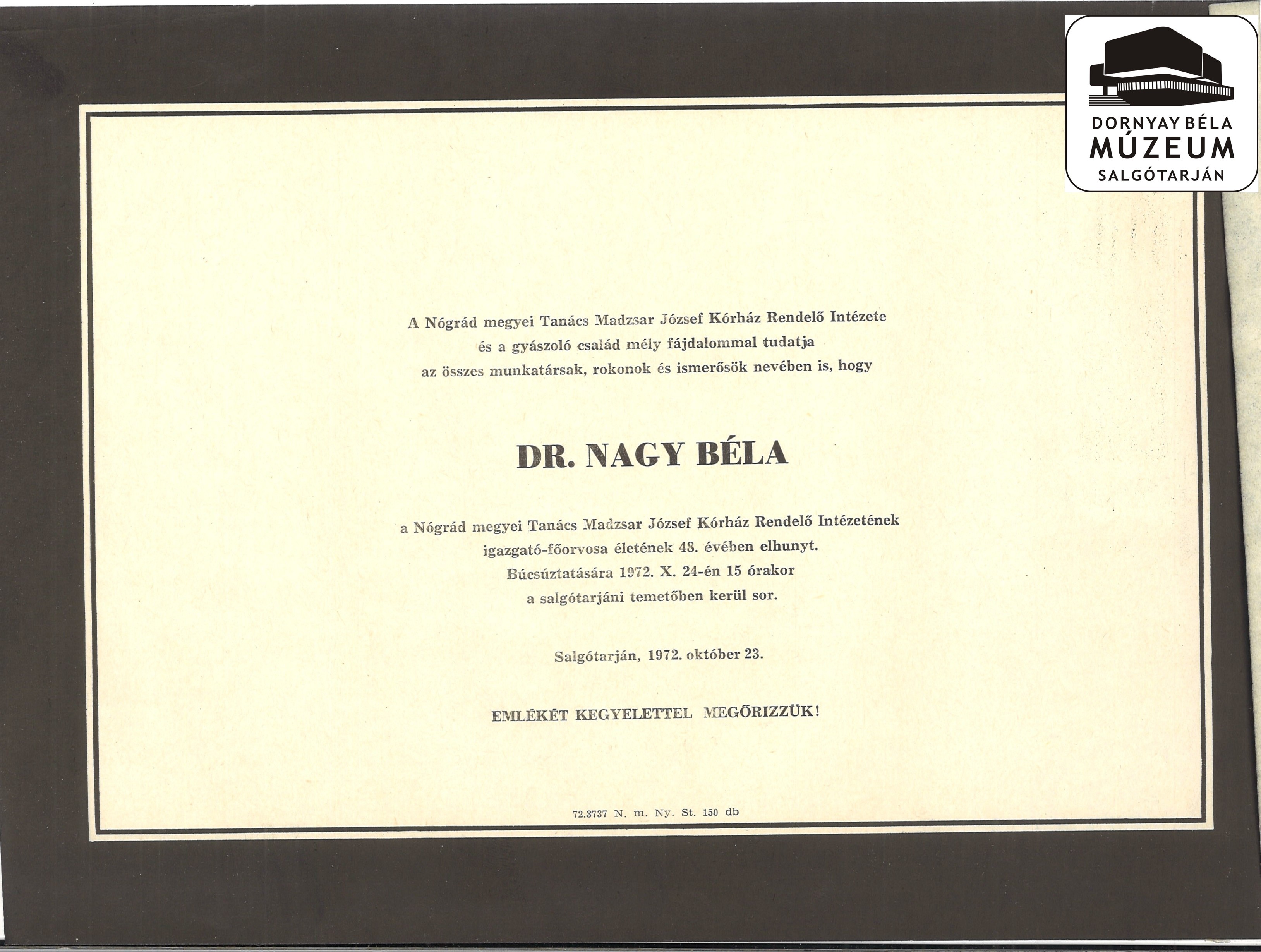 dr. Nagy Béla gyászjelentése (Dornyay Béla Múzeum, Salgótarján CC BY-NC-SA)
