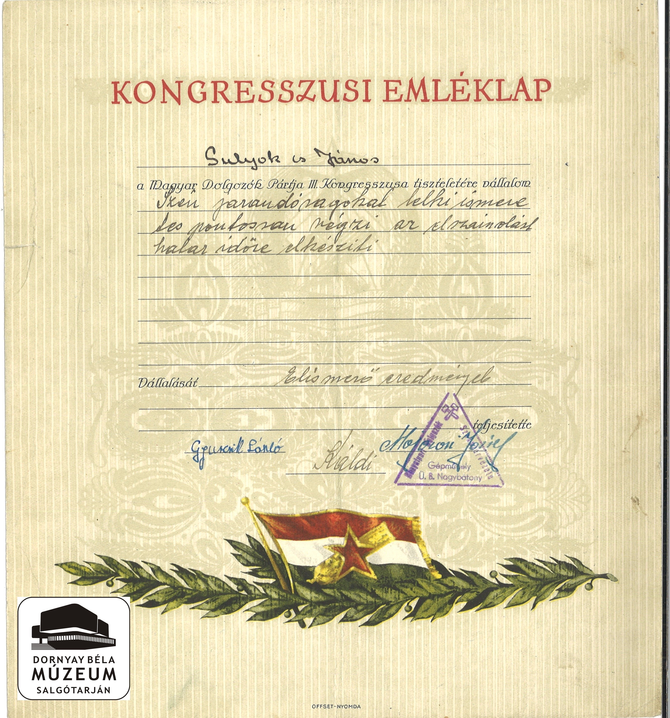 Sulyok János MDP III. Kongresszusra vállalás (Dornyay Béla Múzeum, Salgótarján CC BY-NC-SA)