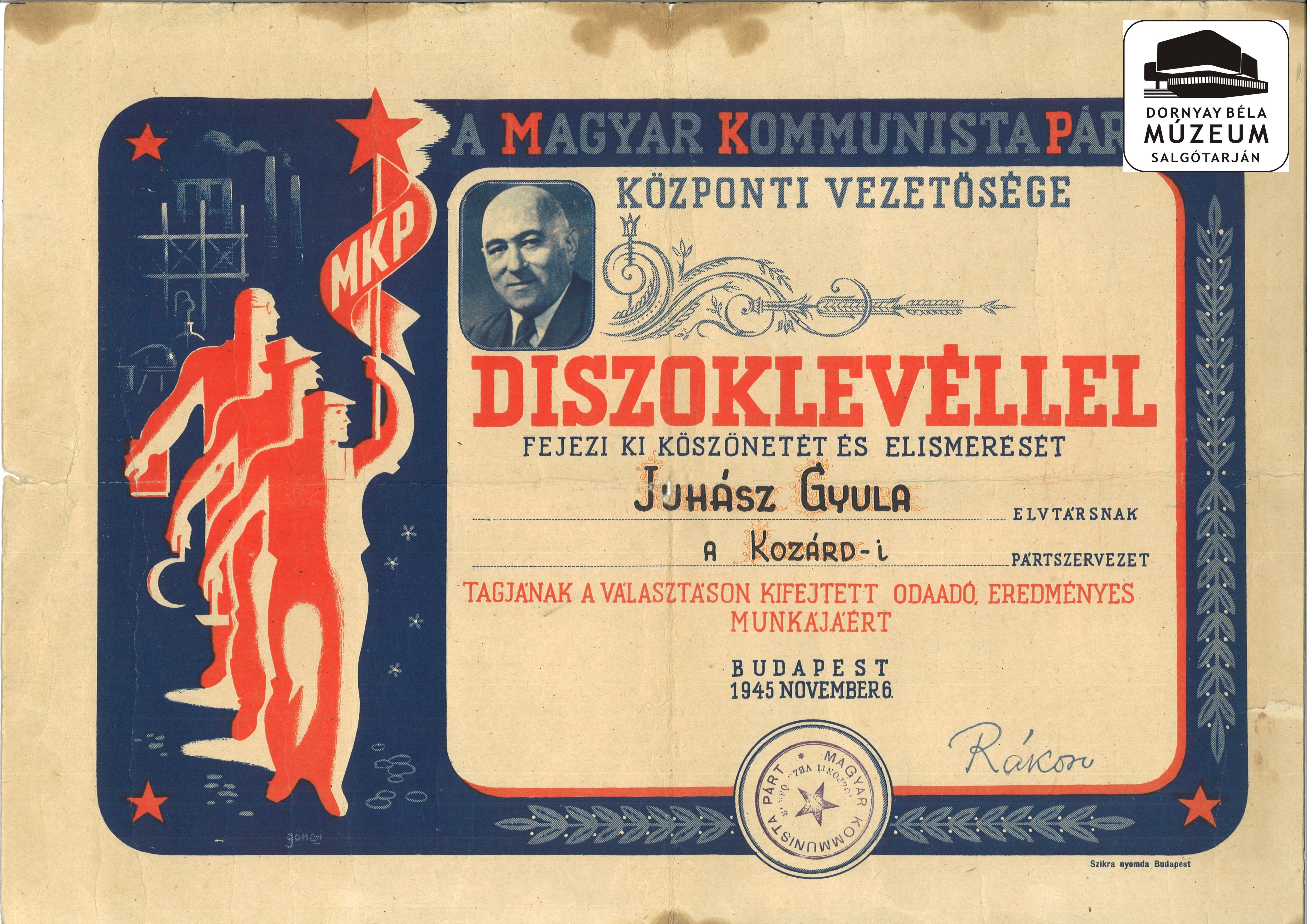 Juhász Gyula , díszoklevele, az 1945-ös választási munkáért (Dornyay Béla Múzeum, Salgótarján CC BY-NC-SA)