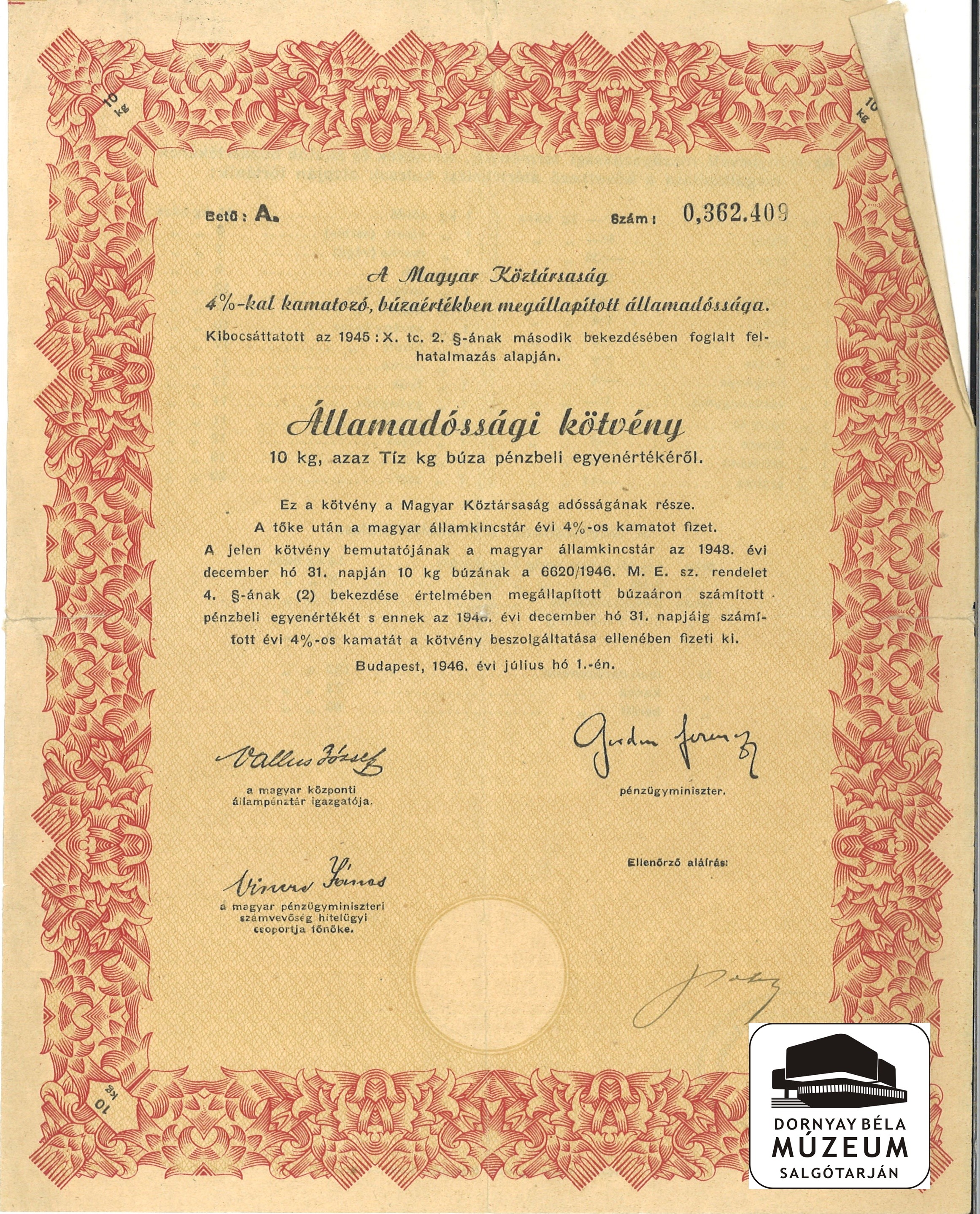 A Magyar Köztársaság államadóssági kötvénye (Dornyay Béla Múzeum, Salgótarján CC BY-NC-SA)