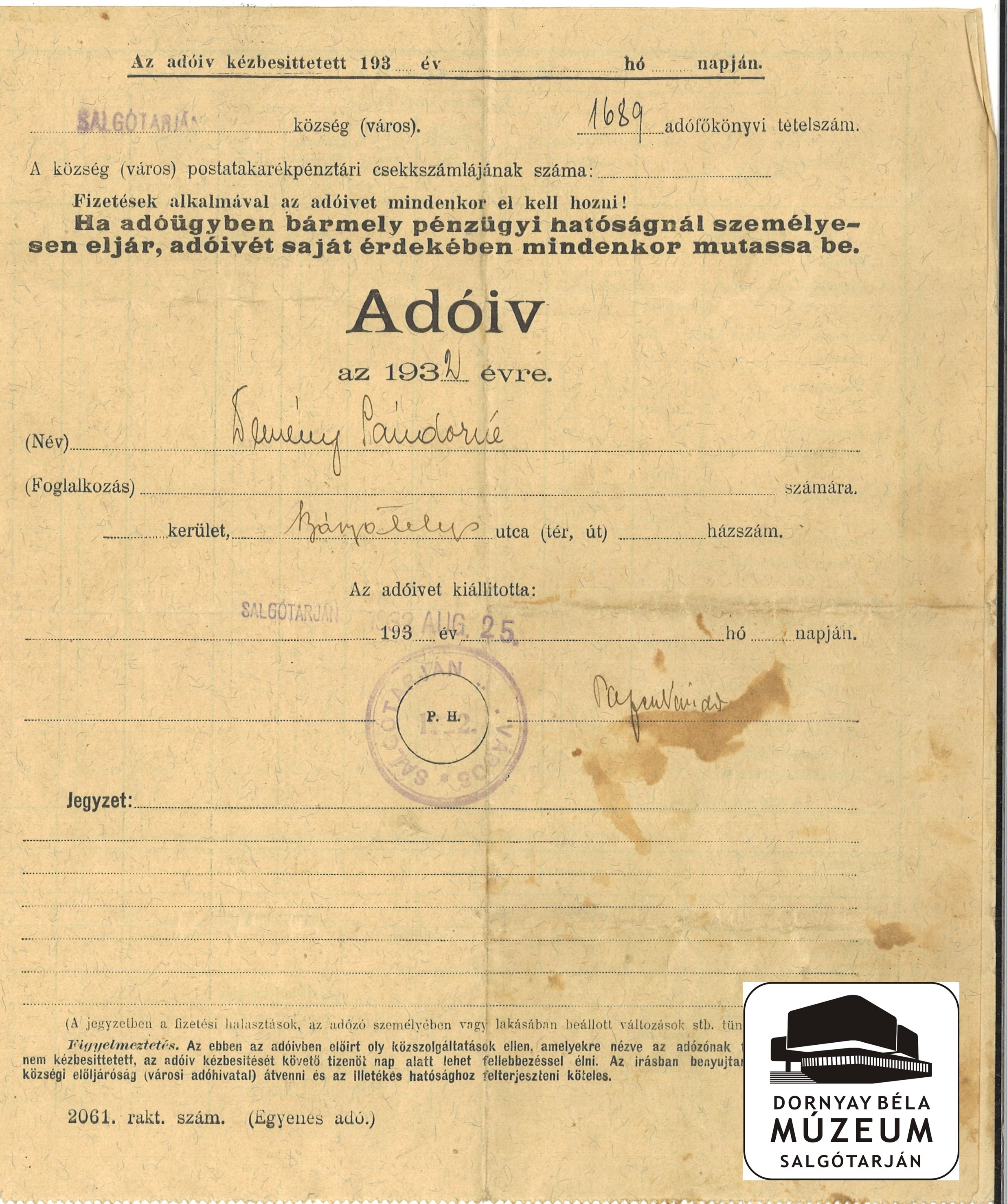 Demény Sándorné adóíve az 1932. évre (Dornyay Béla Múzeum, Salgótarján CC BY-NC-SA)