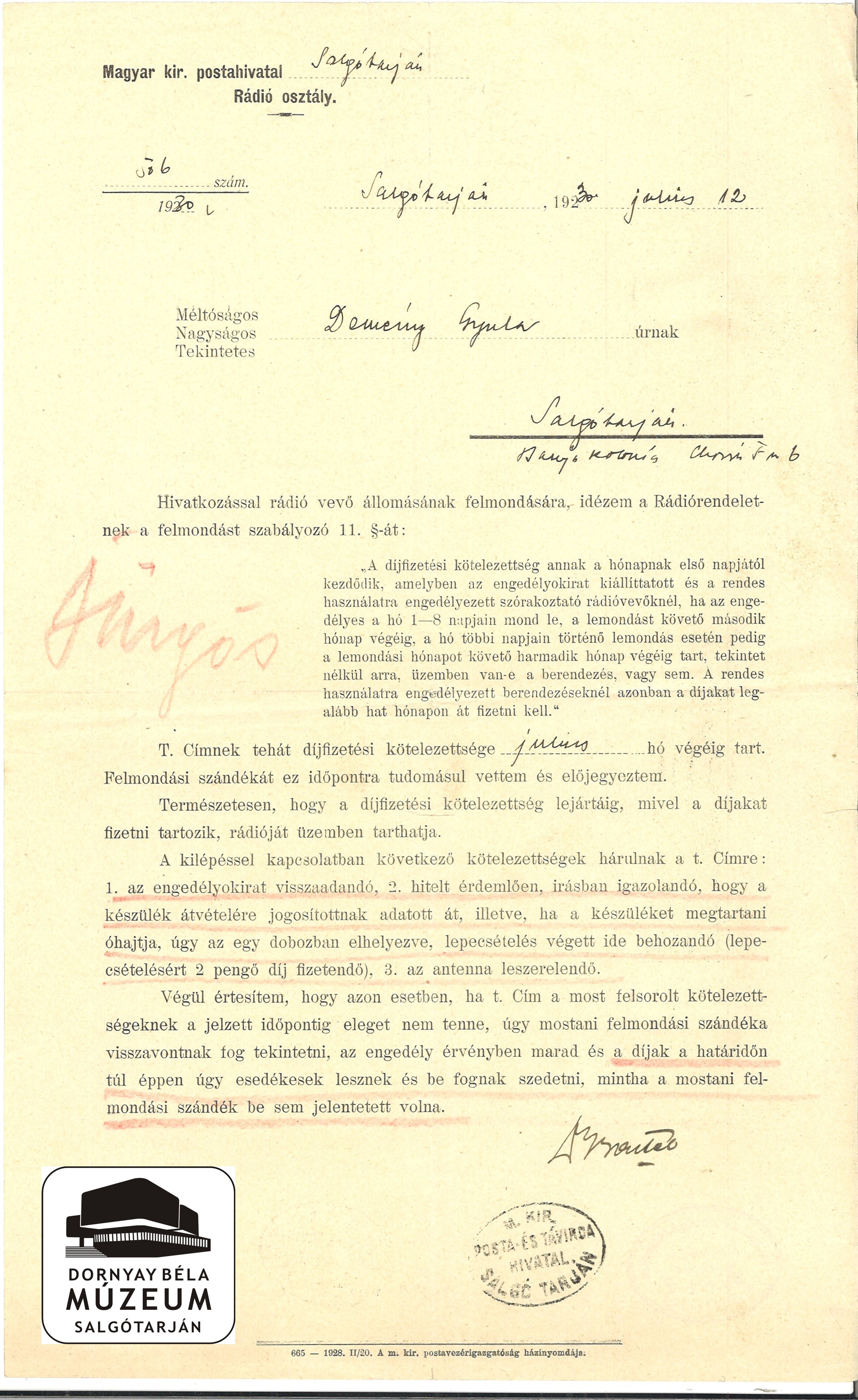 Demény Gyula rádió vevő állomásának felmondása (Dornyay Béla Múzeum, Salgótarján CC BY-NC-SA)