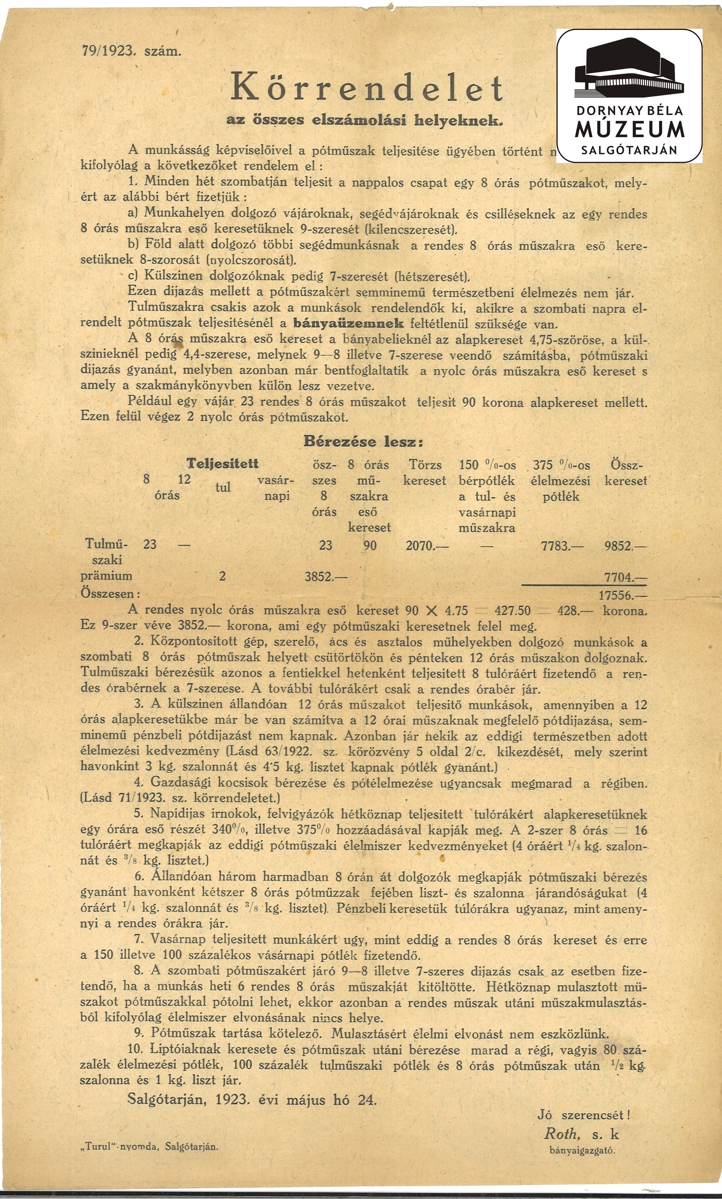 Róth bányaig. Körrendelete a pótműszakok bérezéséről (Dornyay Béla Múzeum, Salgótarján CC BY-NC-SA)