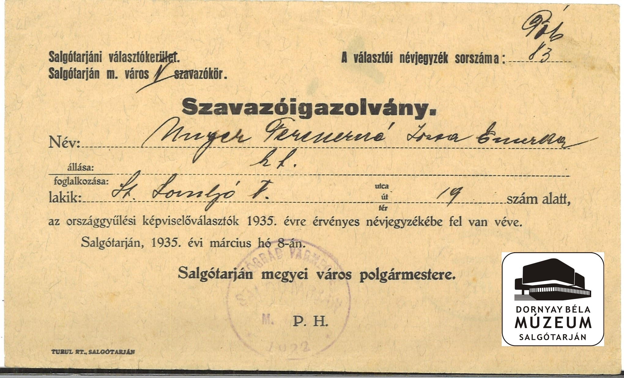 Országgyűlési képviselő választásokra szavazóigazolvány St. Polgármesterétől (Dornyay Béla Múzeum, Salgótarján CC BY-NC-SA)