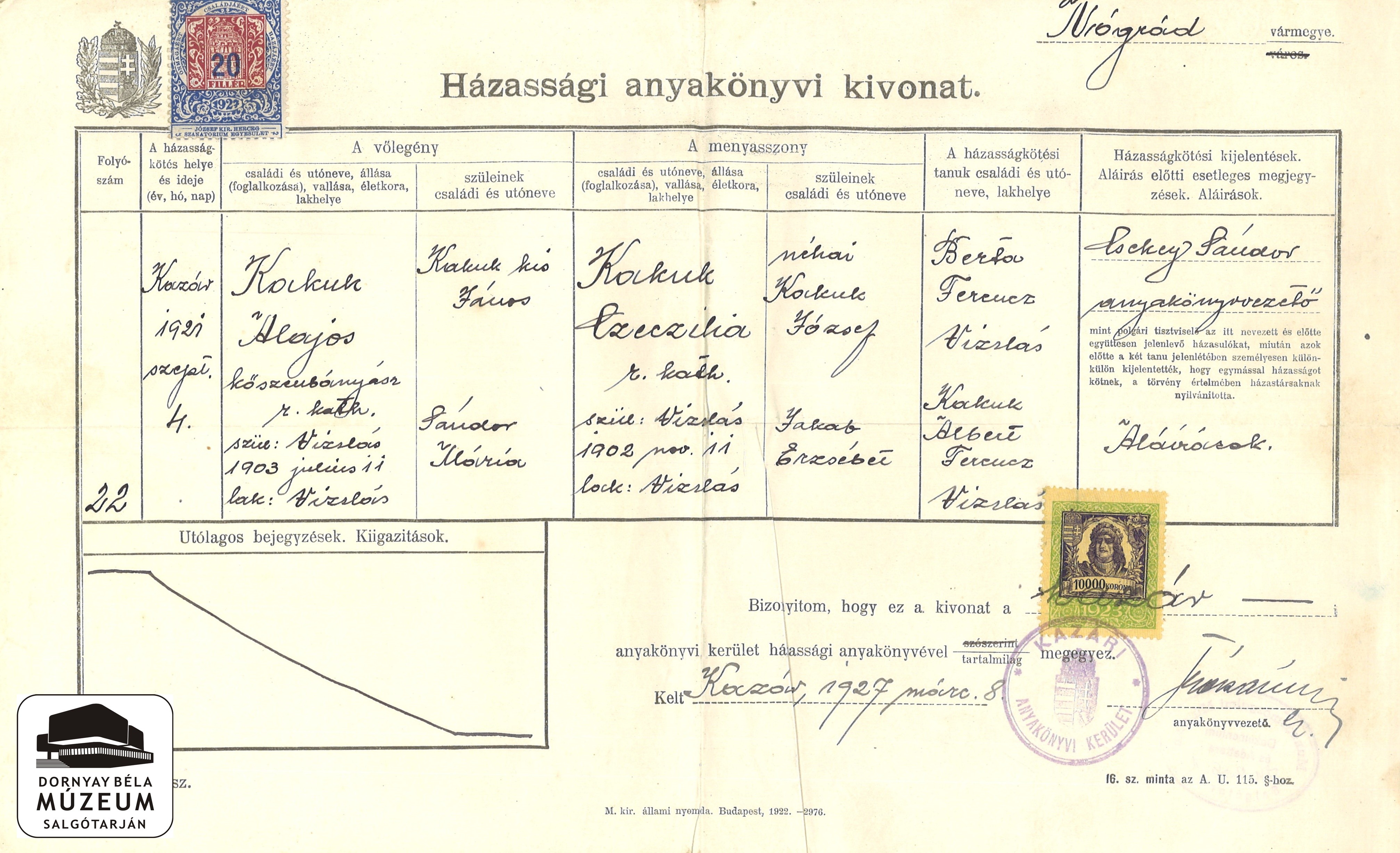 Kakuk Alajos és Kakuk Cecília házassági anyakönyvi kivonata (Dornyay Béla Múzeum, Salgótarján CC BY-NC-SA)