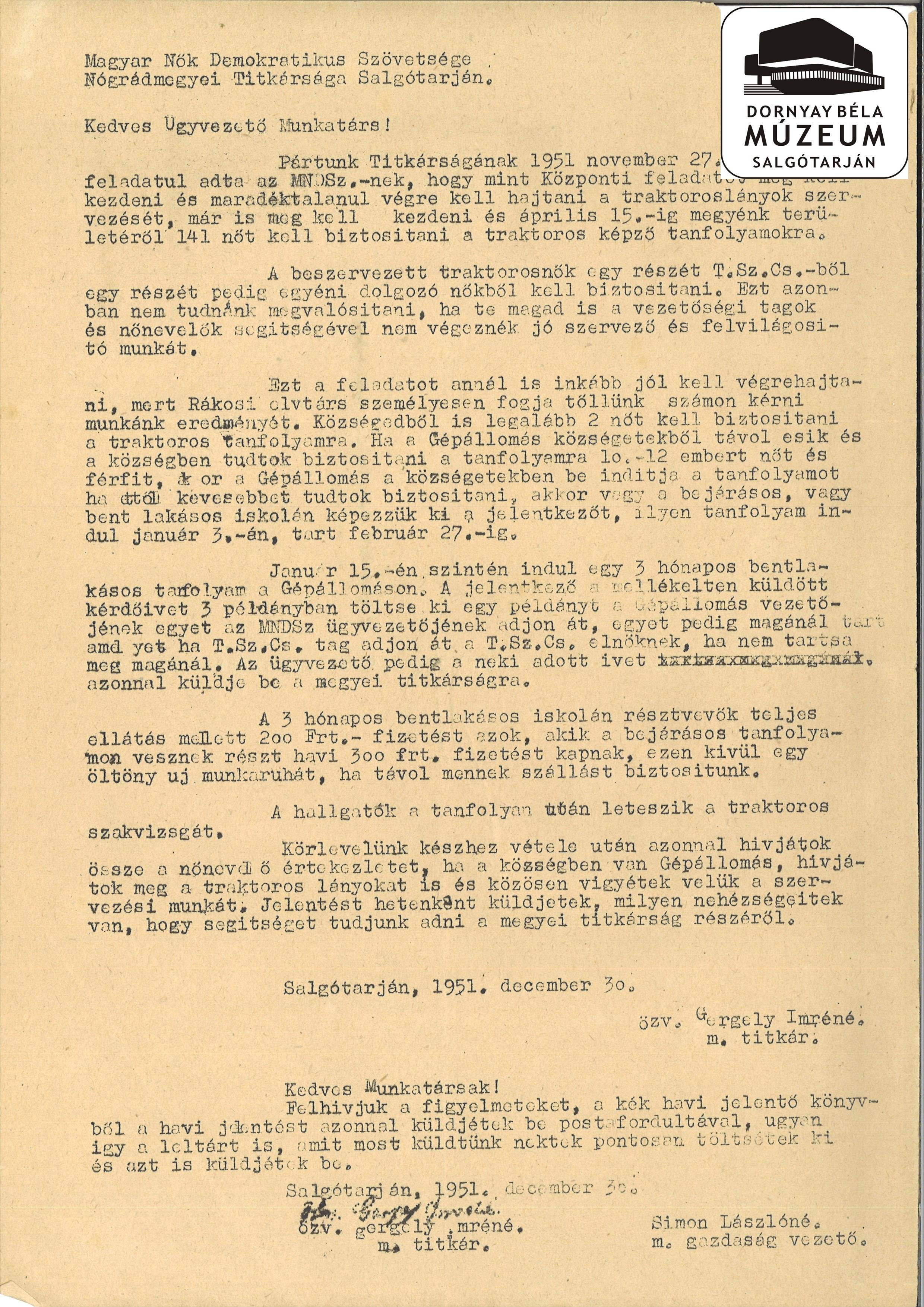 MNDSz Nógrád megyei titkárságnak levelei 1951 (Dornyay Béla Múzeum, Salgótarján CC BY-NC-SA)