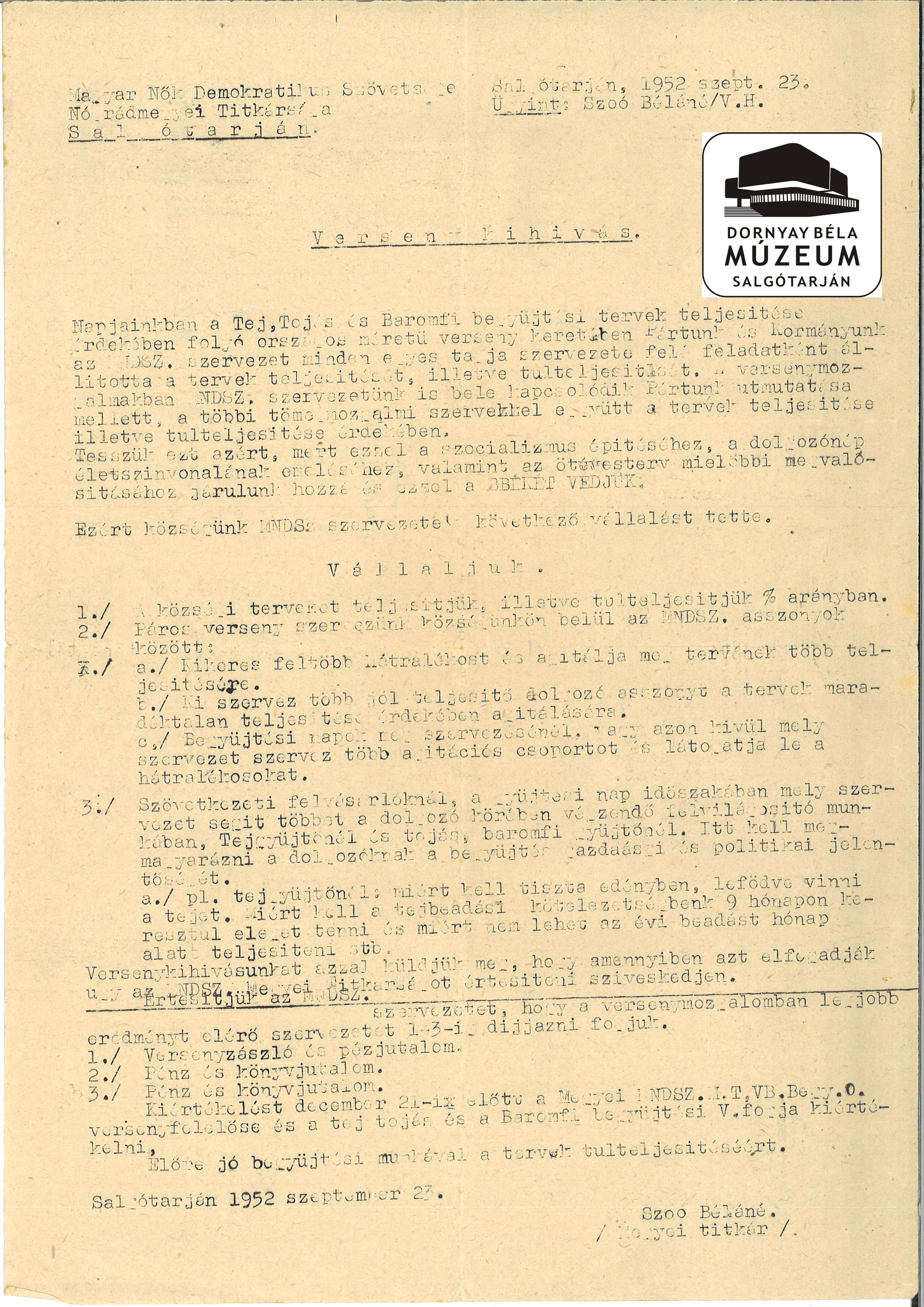MNDSz Nógrád megyei titkárságnak levelei 1952 (Dornyay Béla Múzeum, Salgótarján CC BY-NC-SA)