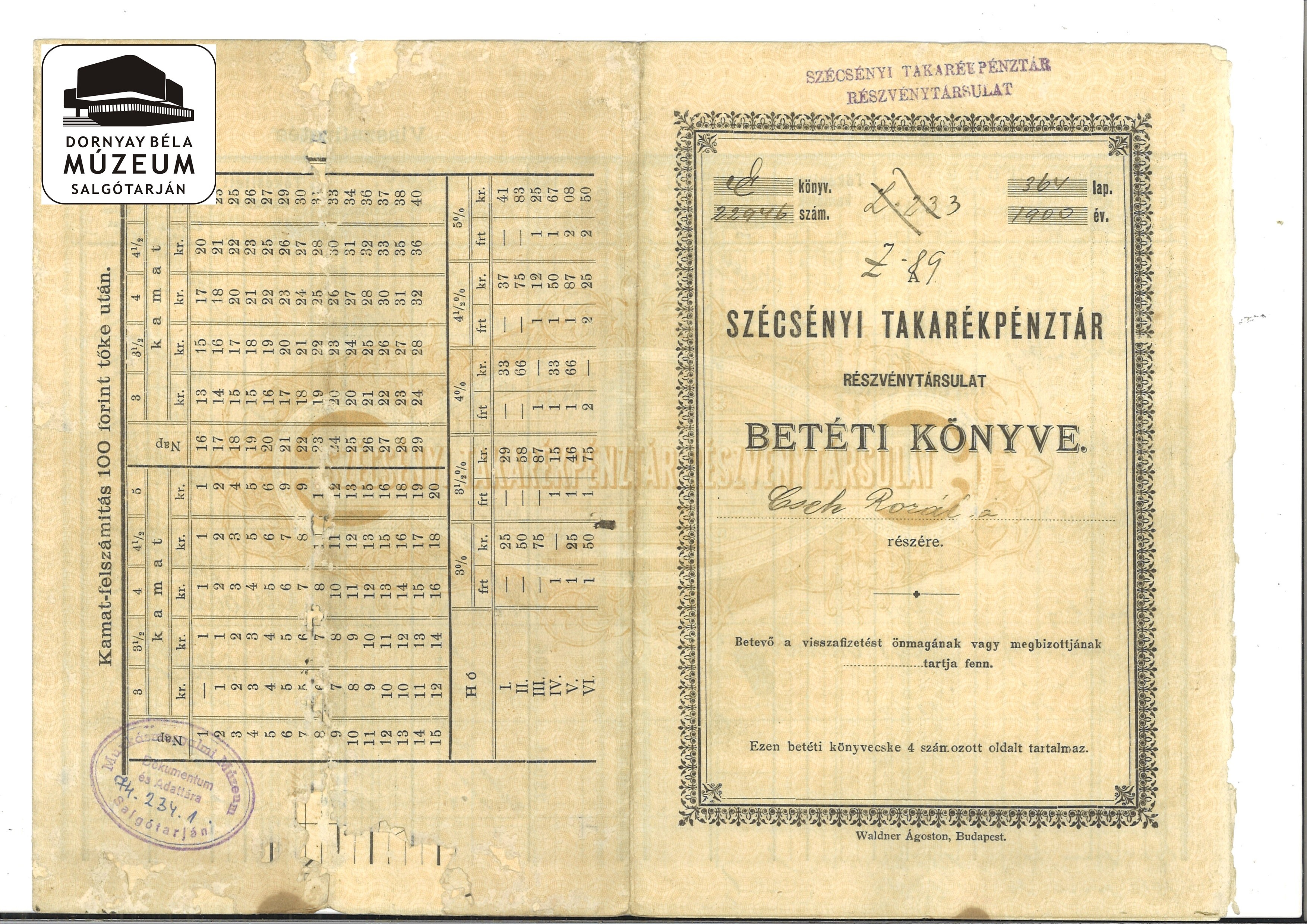 A Szécsényi Takarékpénztár Rt. Betéti könyve (Dornyay Béla Múzeum, Salgótarján CC BY-NC-SA)