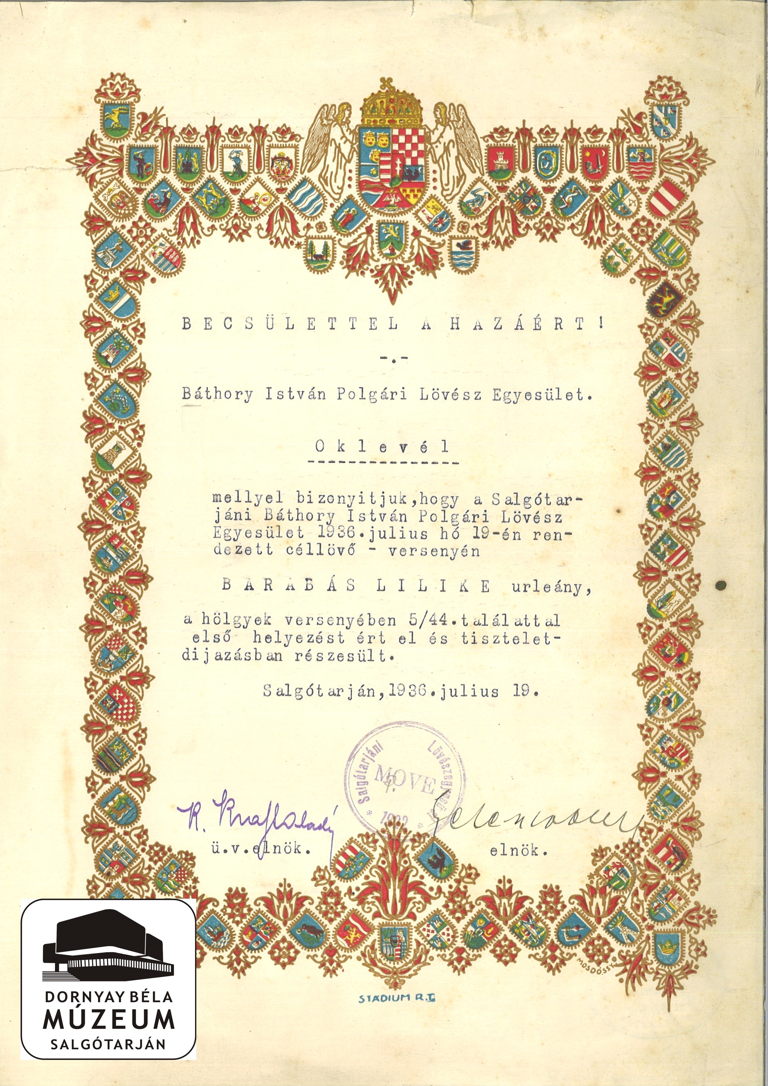 Báthory István polgári lövész Egyesület oklevele (Dornyay Béla Múzeum, Salgótarján CC BY-NC-SA)