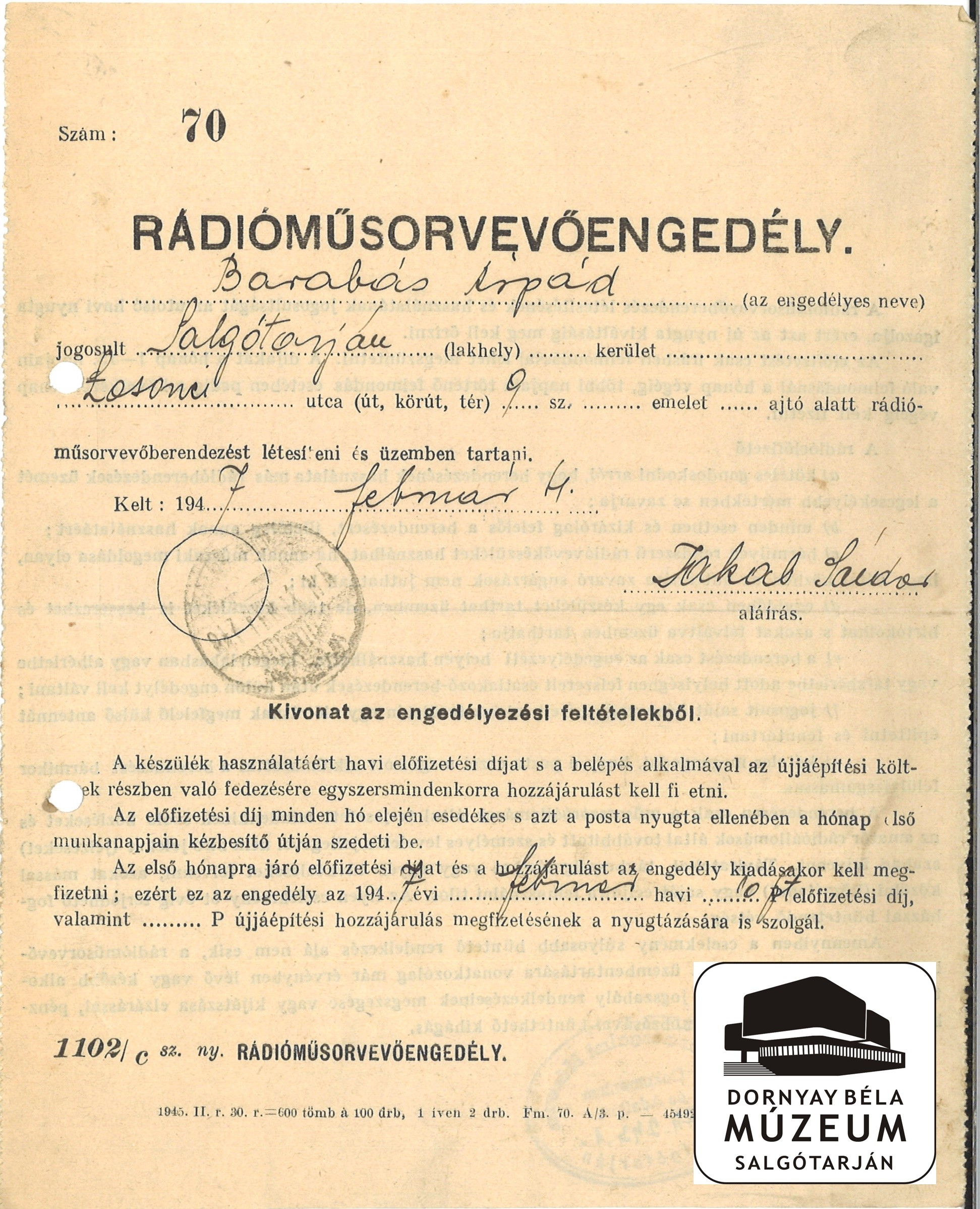 Barabás Árpád rádióműsorvevő engedélye (Dornyay Béla Múzeum, Salgótarján CC BY-NC-SA)