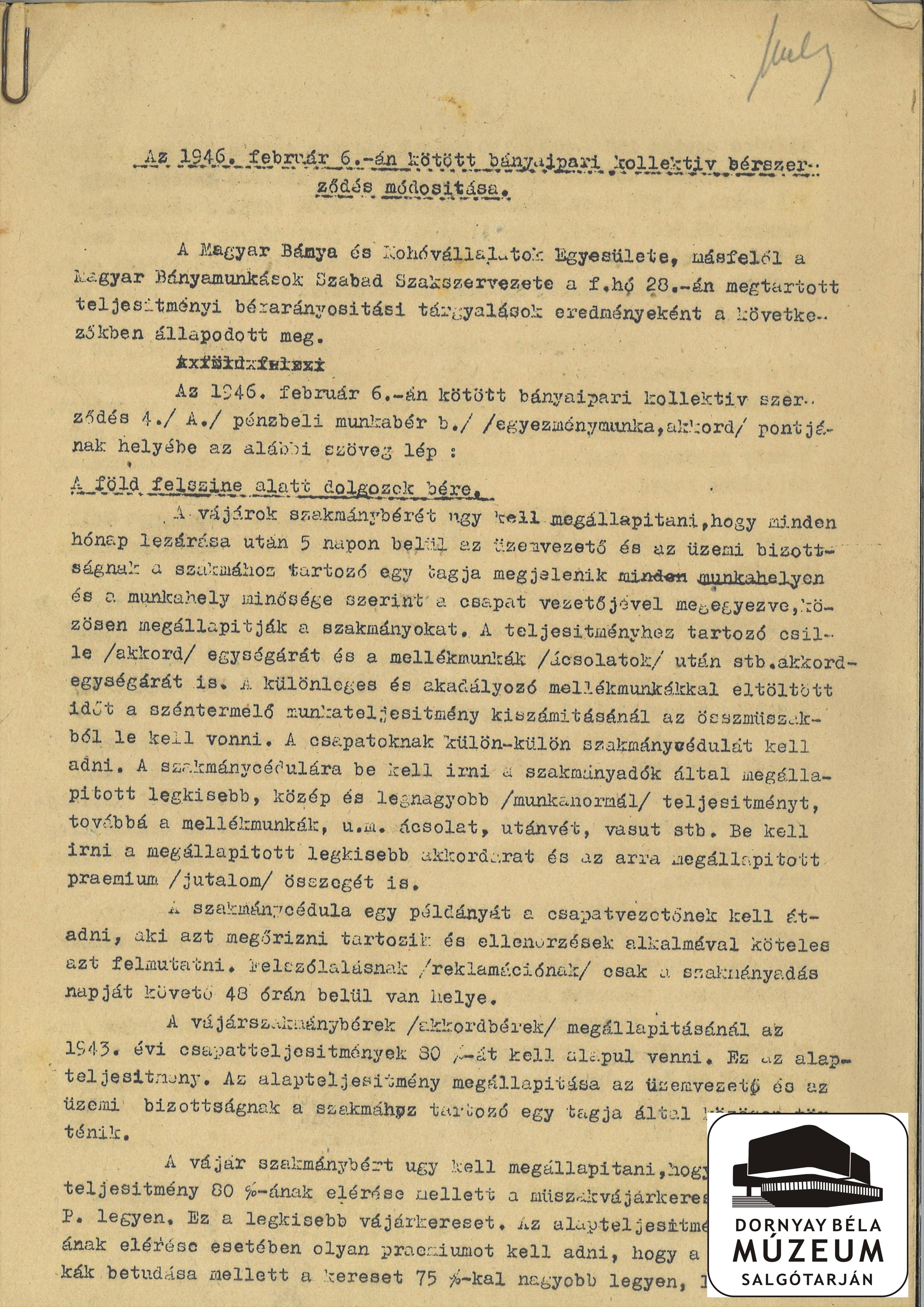 Bányaipari Kollektív bérszerződésre vonatkozó megállapodások (Dornyay Béla Múzeum, Salgótarján CC BY-NC-SA)