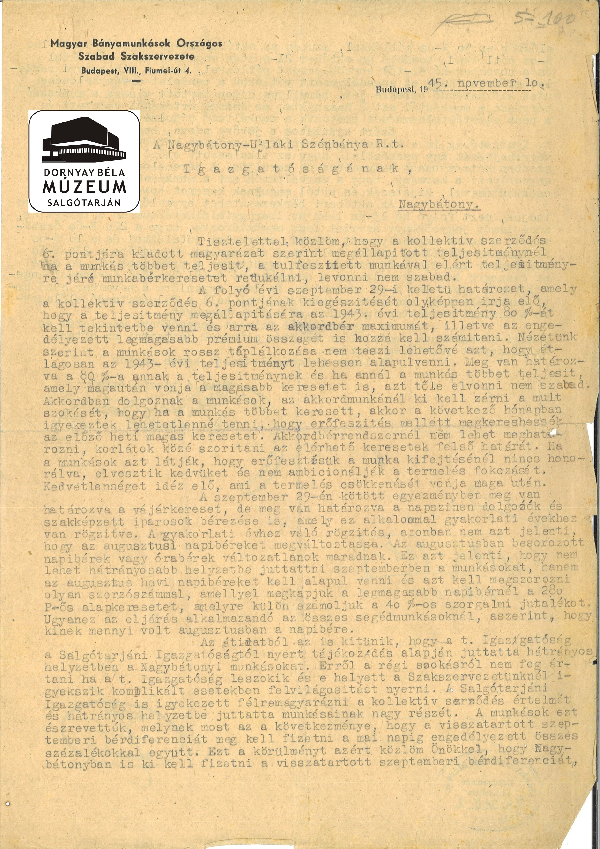 M.B.O.Sz.Sz. levele a Nagybátonyi Ig. a kollektív szerződés értelmezésről (Dornyay Béla Múzeum, Salgótarján CC BY-NC-SA)