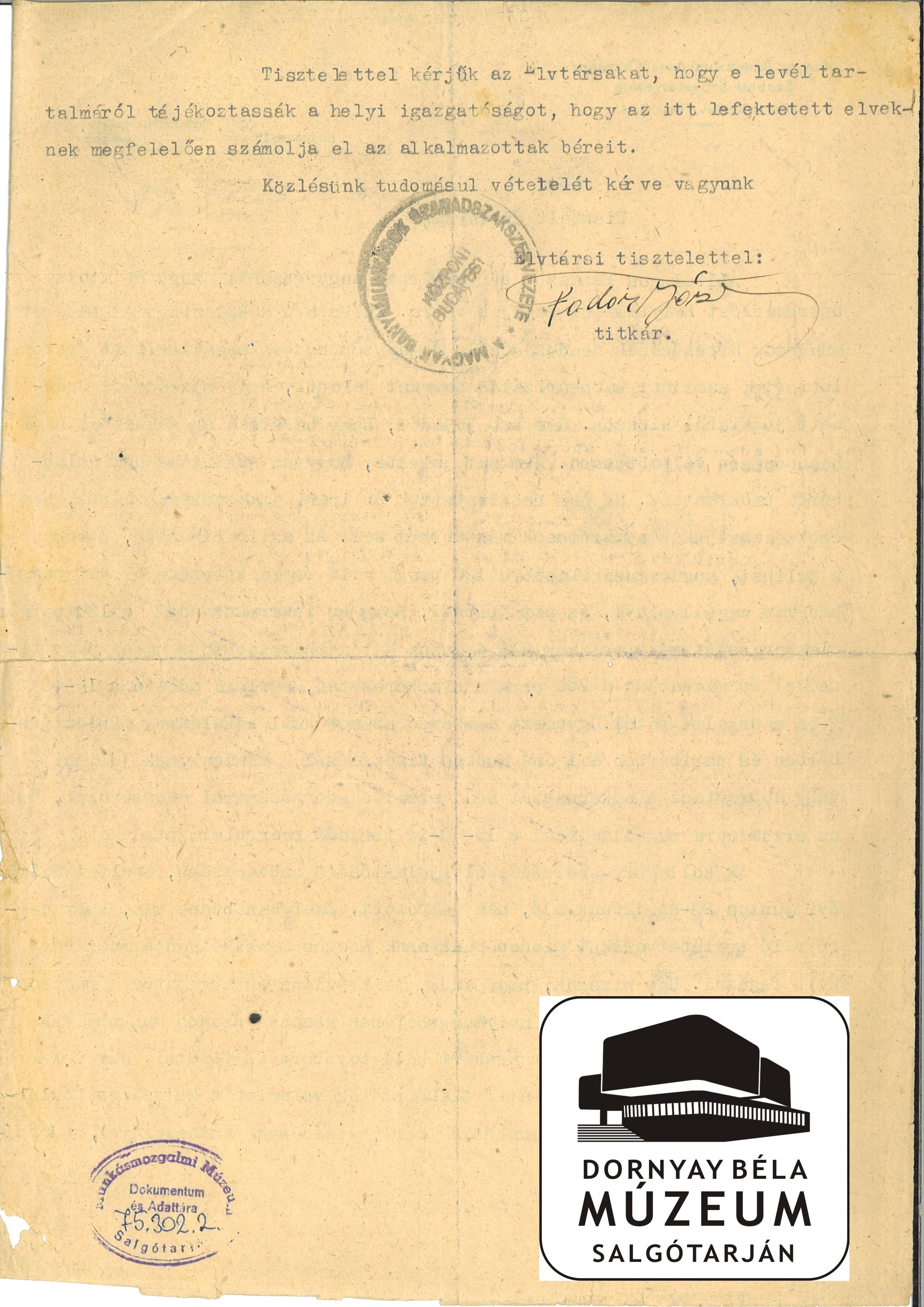 M.B.O.Sz.Sz. levele a Nagybátonyi Ig. külszíni munkások bérezése tárgyában (Dornyay Béla Múzeum, Salgótarján CC BY-NC-SA)