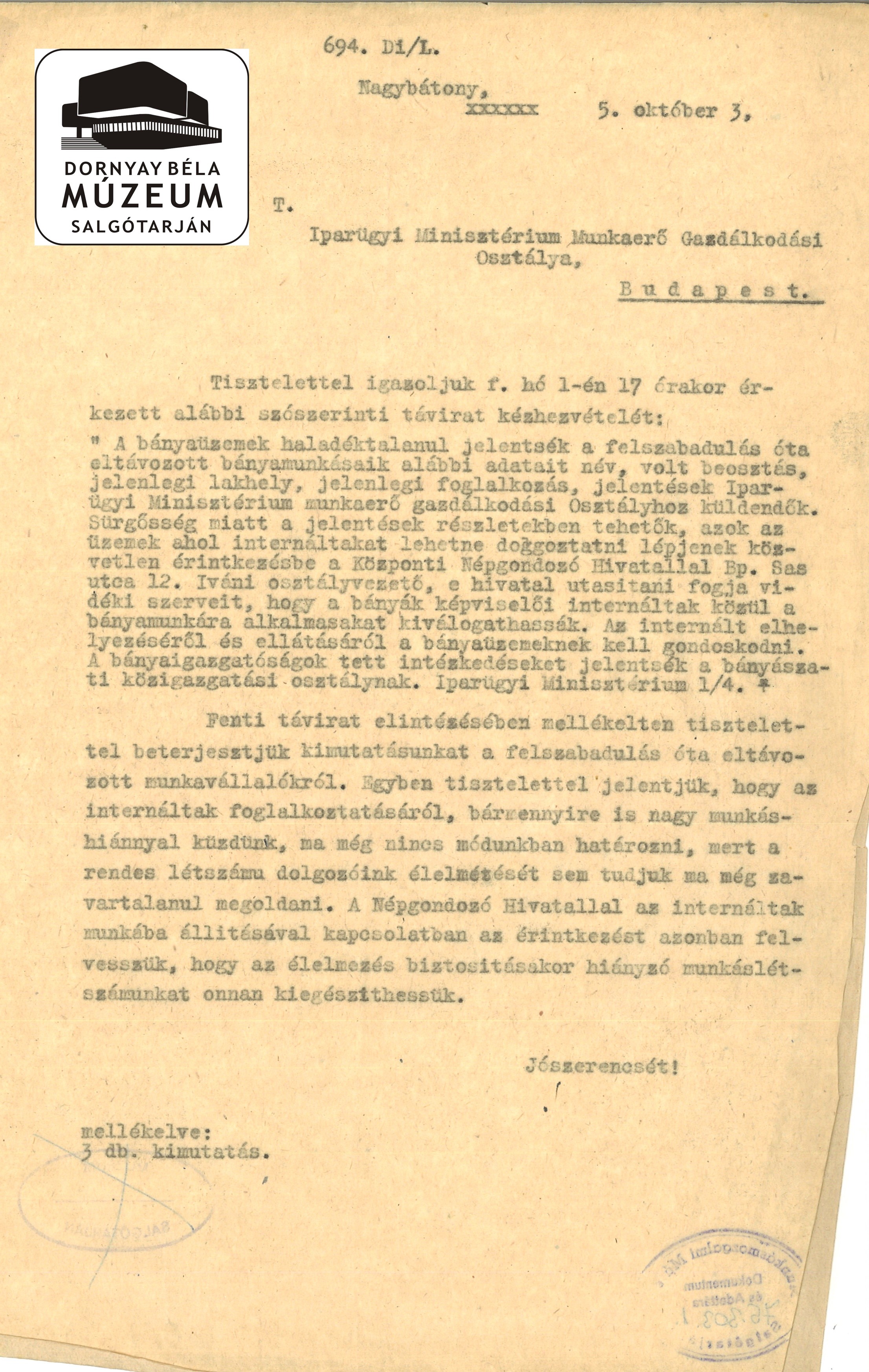 Nagybátonyi levél Iparügyi Miniszt-hez az internáltak munkába állításáról (Dornyay Béla Múzeum, Salgótarján CC BY-NC-SA)