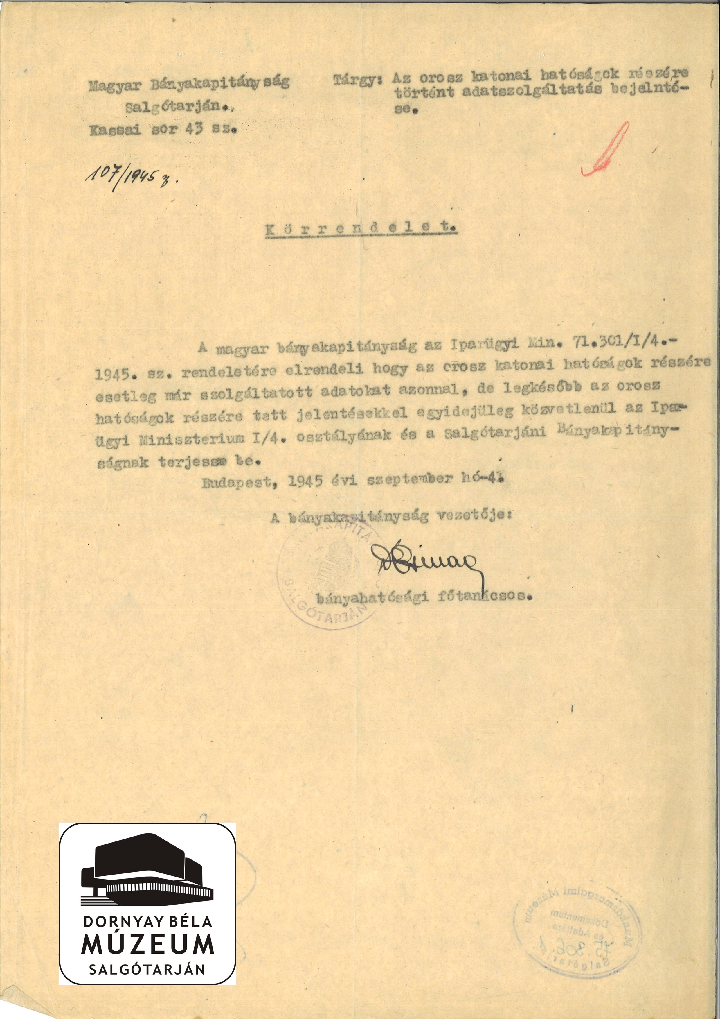 Az orosz katonai hatóságok részére történt adatsz. Bejelentése (Dornyay Béla Múzeum, Salgótarján CC BY-NC-SA)