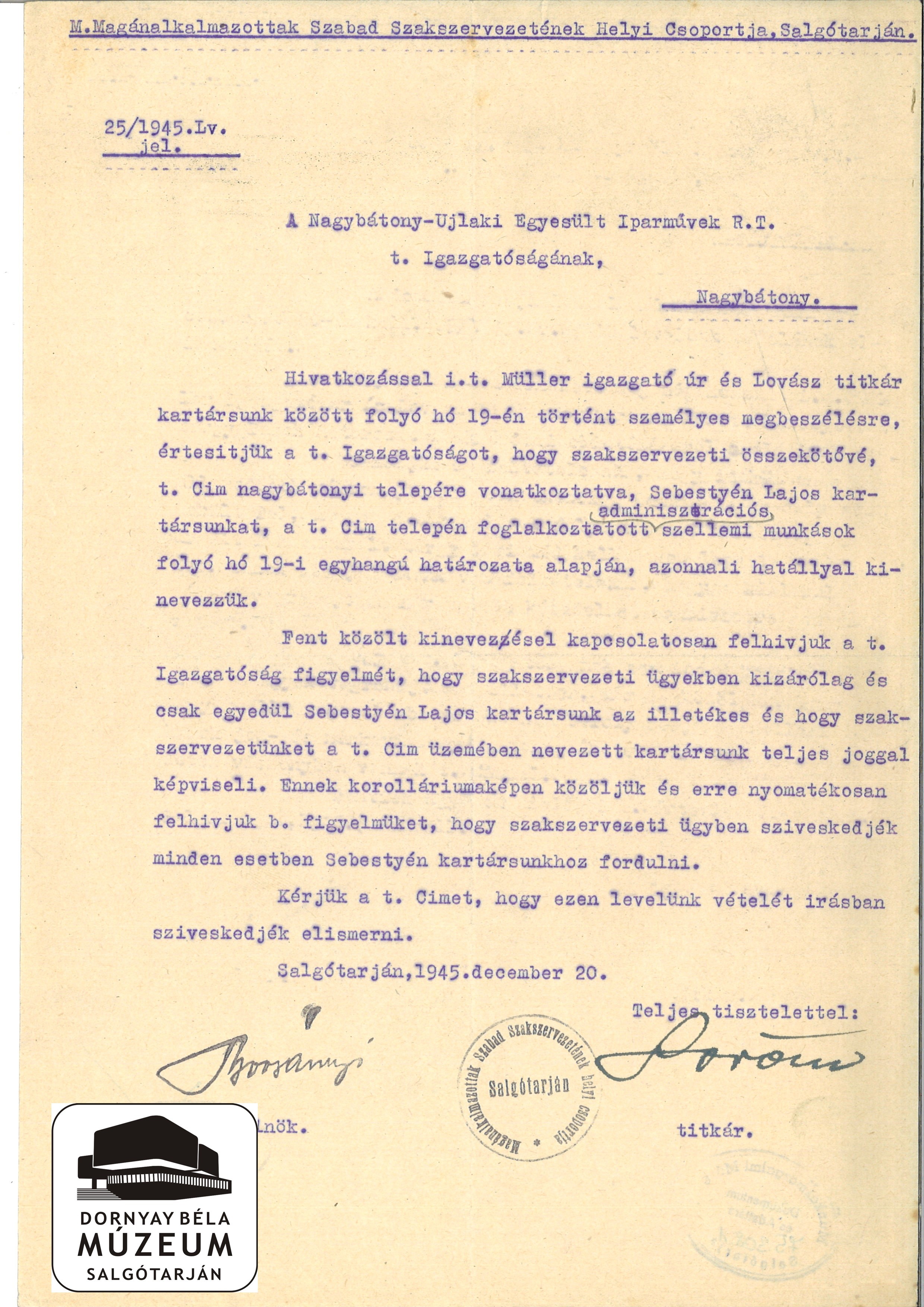 Nagybátonyi szakszervezeti összekötő kinevezése (Dornyay Béla Múzeum, Salgótarján CC BY-NC-SA)