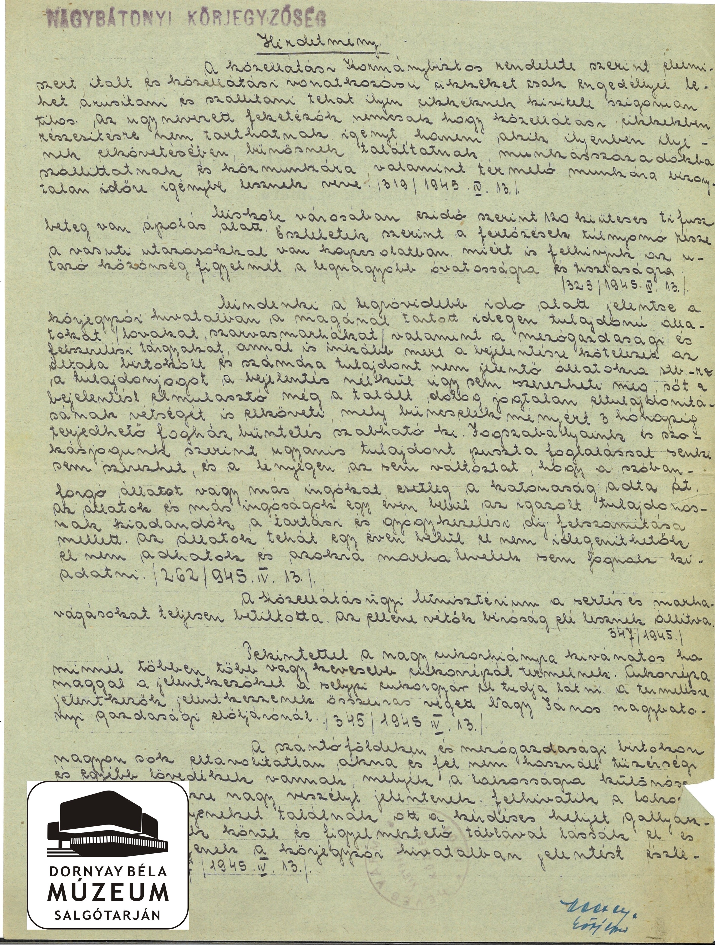 Nagybátonyi körjegyzőség hirdetménye közellátás ügyében (Dornyay Béla Múzeum, Salgótarján CC BY-NC-SA)