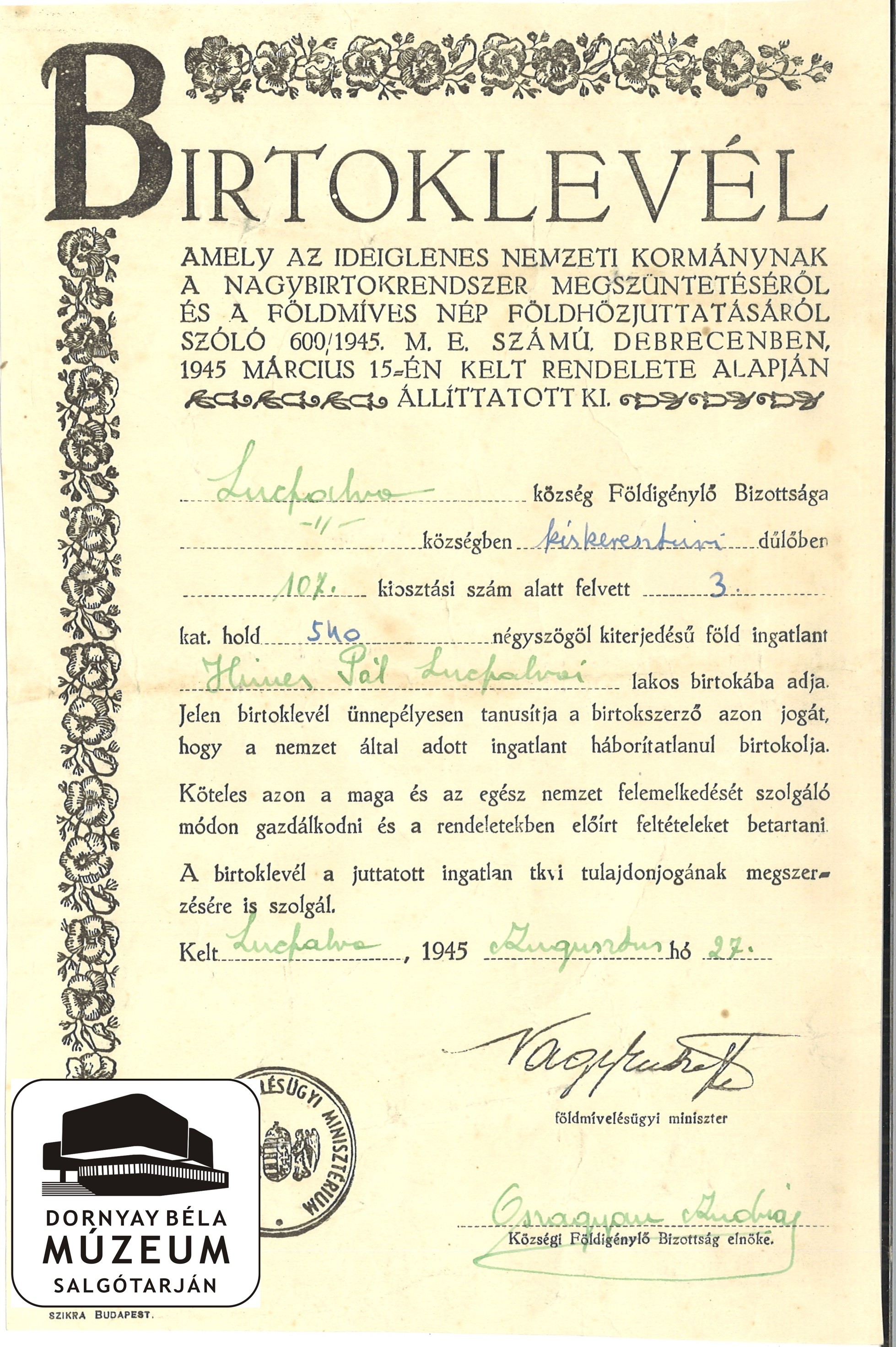 Himes Pál lucfalvi lakos birtoklevele (Dornyay Béla Múzeum, Salgótarján CC BY-NC-SA)