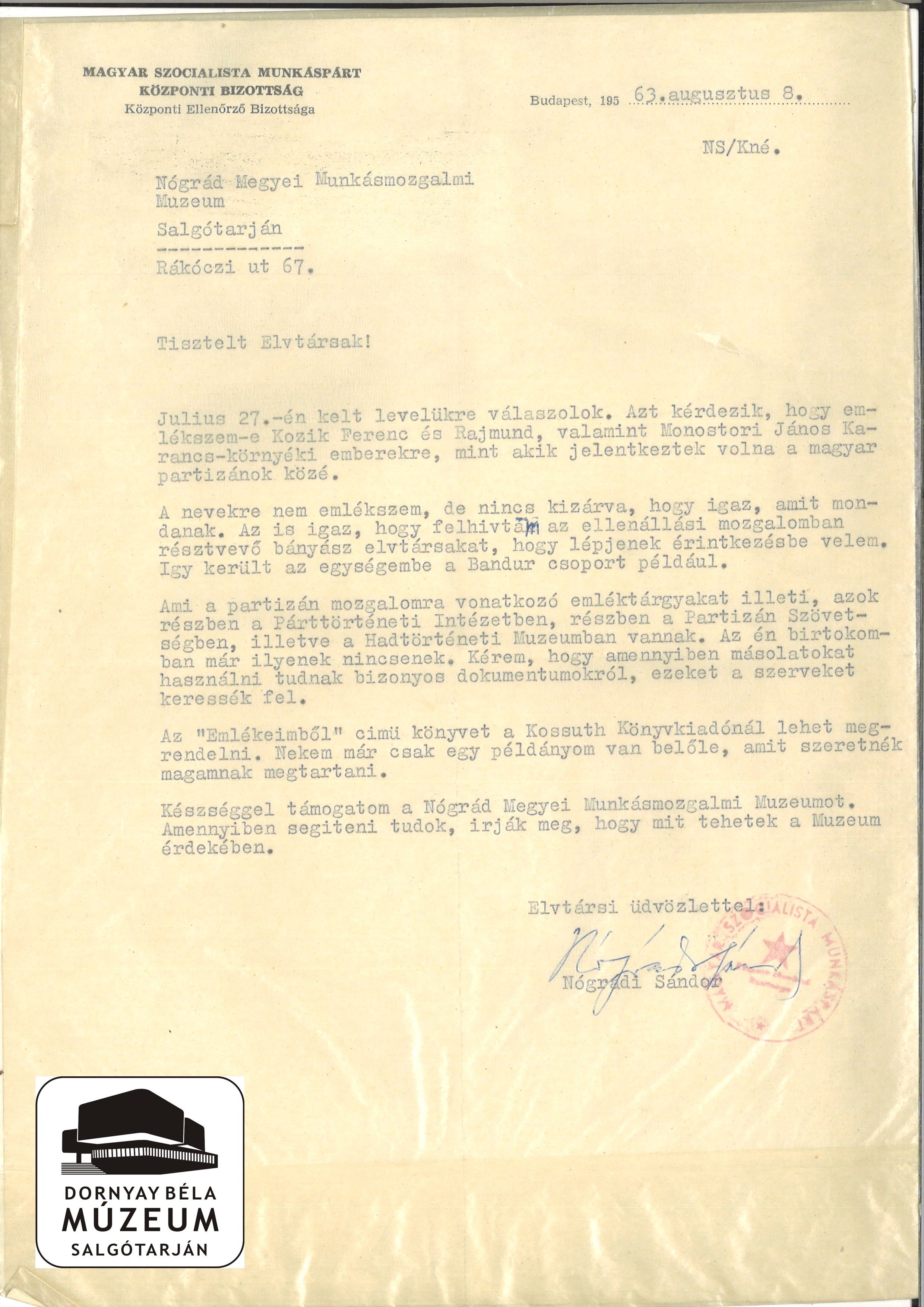 Nógrádi Sándor levele a Nógrád megyei munkásmozgalmi múzeumhoz (Dornyay Béla Múzeum, Salgótarján CC BY-NC-SA)