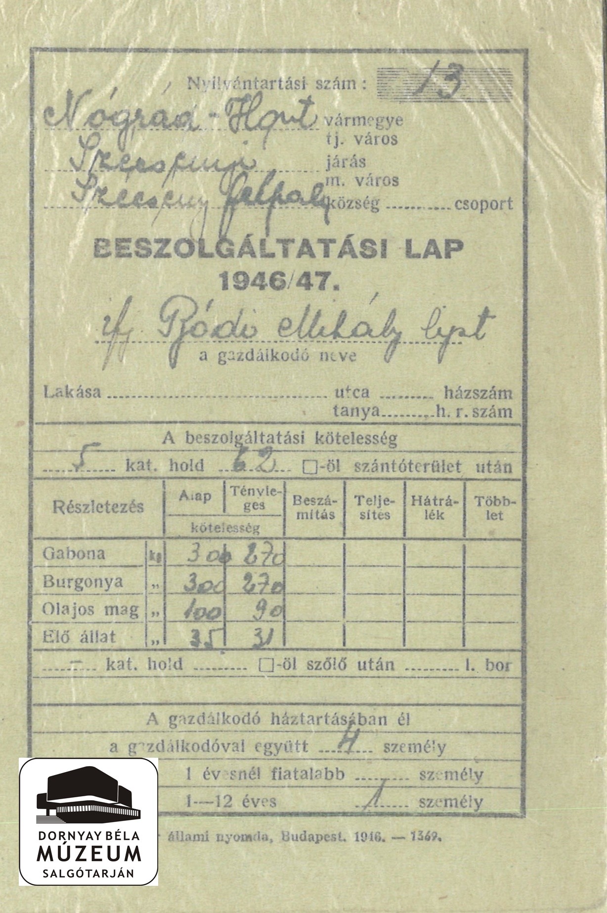 Beszolgáltatási lap. Ifj. Bódi Mihály, Szécsényfelfalu (Dornyay Béla Múzeum, Salgótarján CC BY-NC-SA)