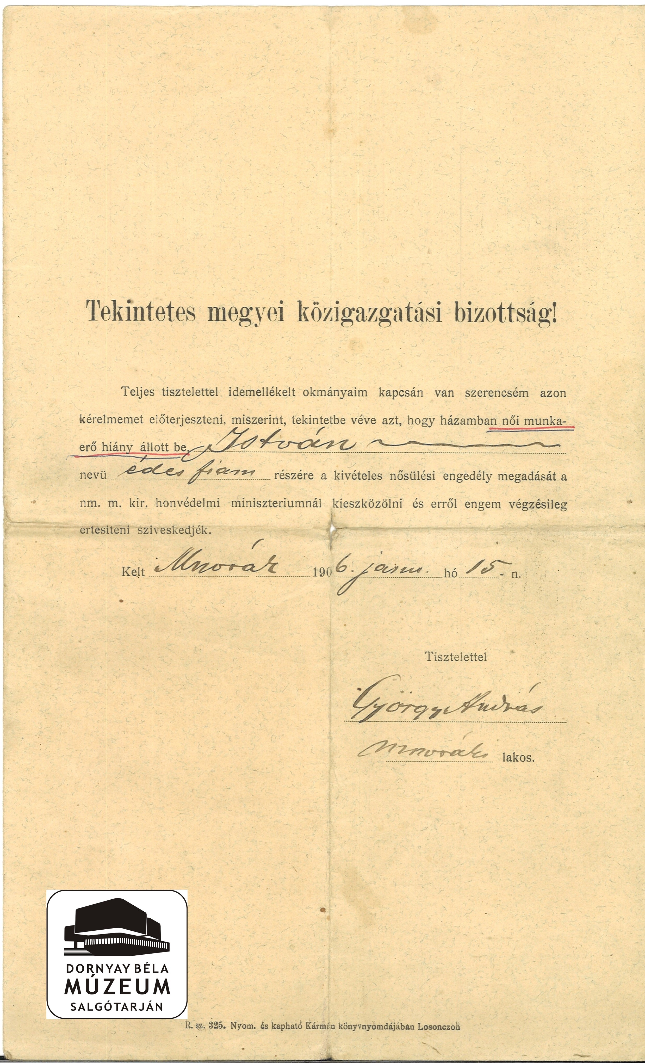 Kérvény kivételes nősülési engedély megadása tárgyában (Dornyay Béla Múzeum, Salgótarján CC BY-NC-SA)