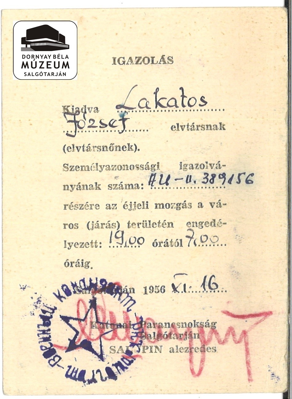 Lakatos József kijárási engedélye (Dornyay Béla Múzeum, Salgótarján CC BY-NC-SA)