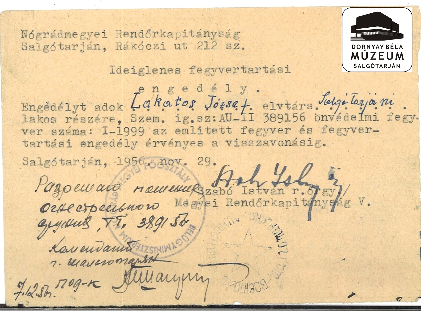 Lakatos József ideiglenes fegyvertartási engedélye (Dornyay Béla Múzeum, Salgótarján CC BY-NC-SA)