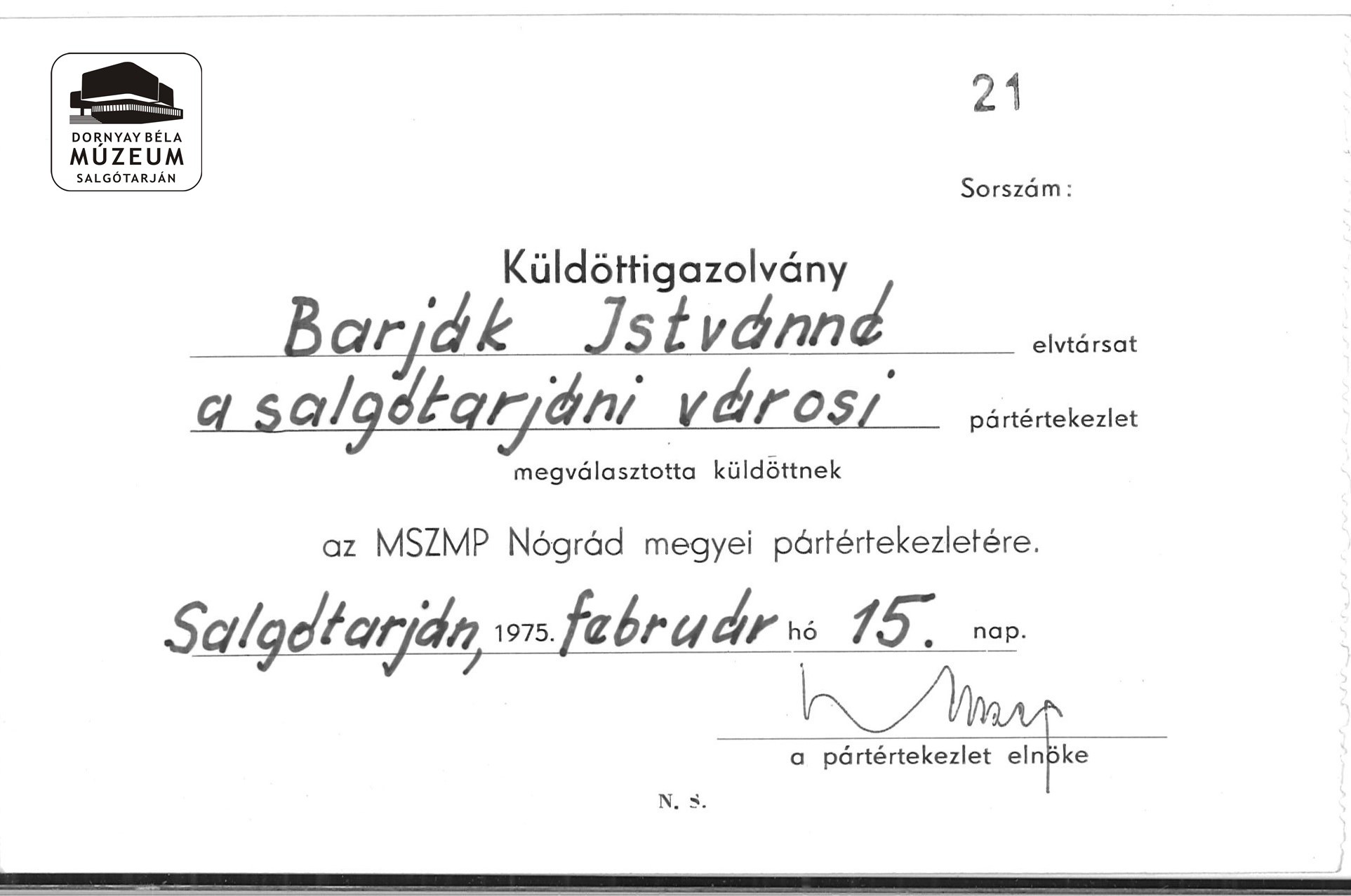 Barják Istvánné küldöttigazolványa az MSZMP Nógrád megyei értekezletére (Dornyay Béla Múzeum, Salgótarján CC BY-NC-SA)