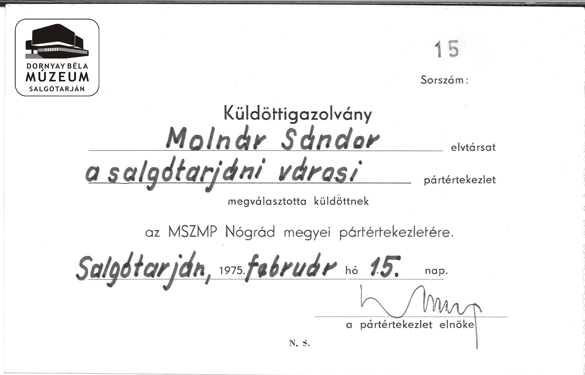 Molnár Sándor küldöttigazolványa az MSZMP Nógrád megyei értekezletére (Dornyay Béla Múzeum, Salgótarján CC BY-NC-SA)