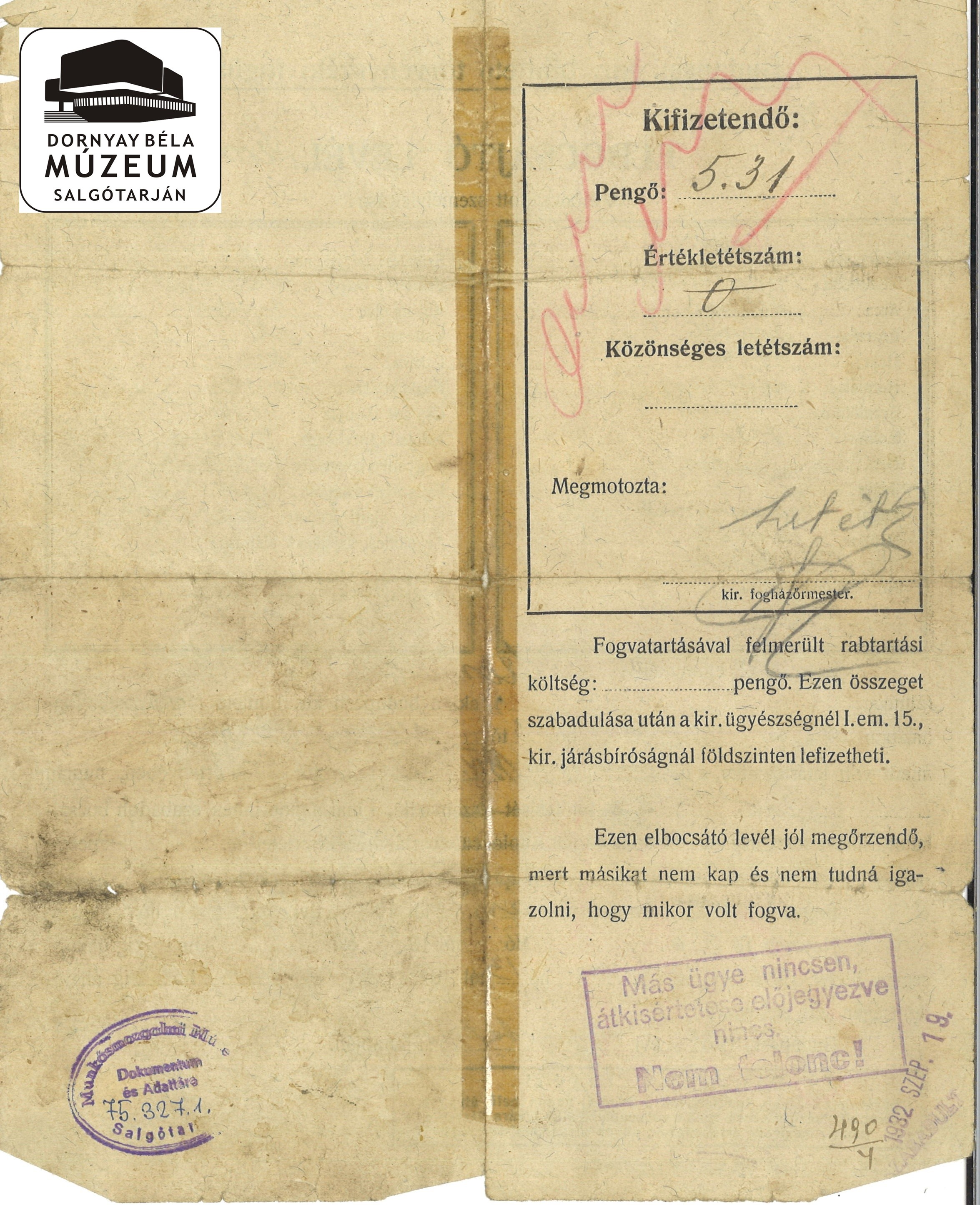 Szomszéd Károly kisterenyei elbocsájtó levele (Dornyay Béla Múzeum, Salgótarján CC BY-NC-SA)