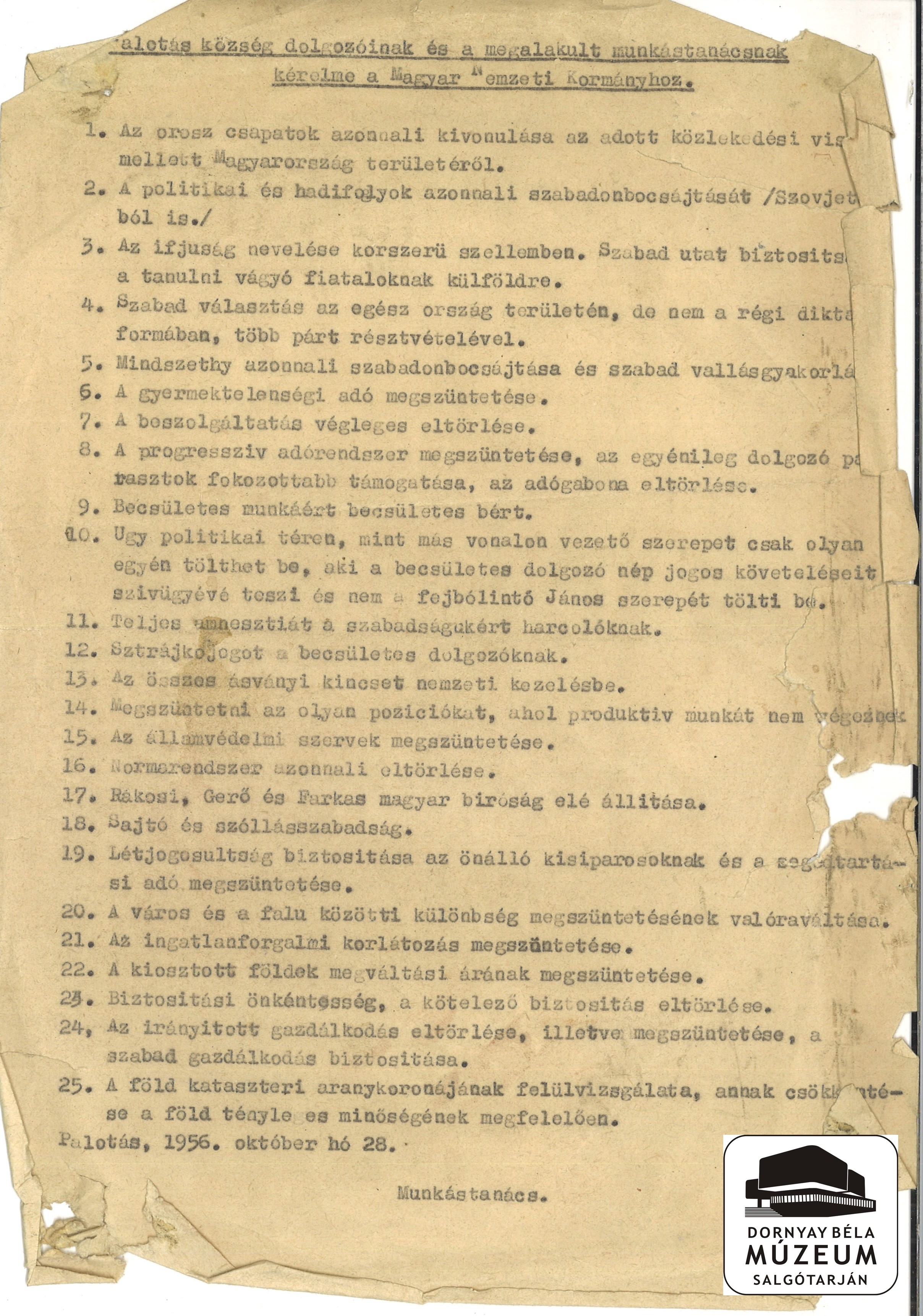 Palotás község munkástanácsának kérelme a Nemzeti kormányhoz (Dornyay Béla Múzeum, Salgótarján CC BY-NC-SA)