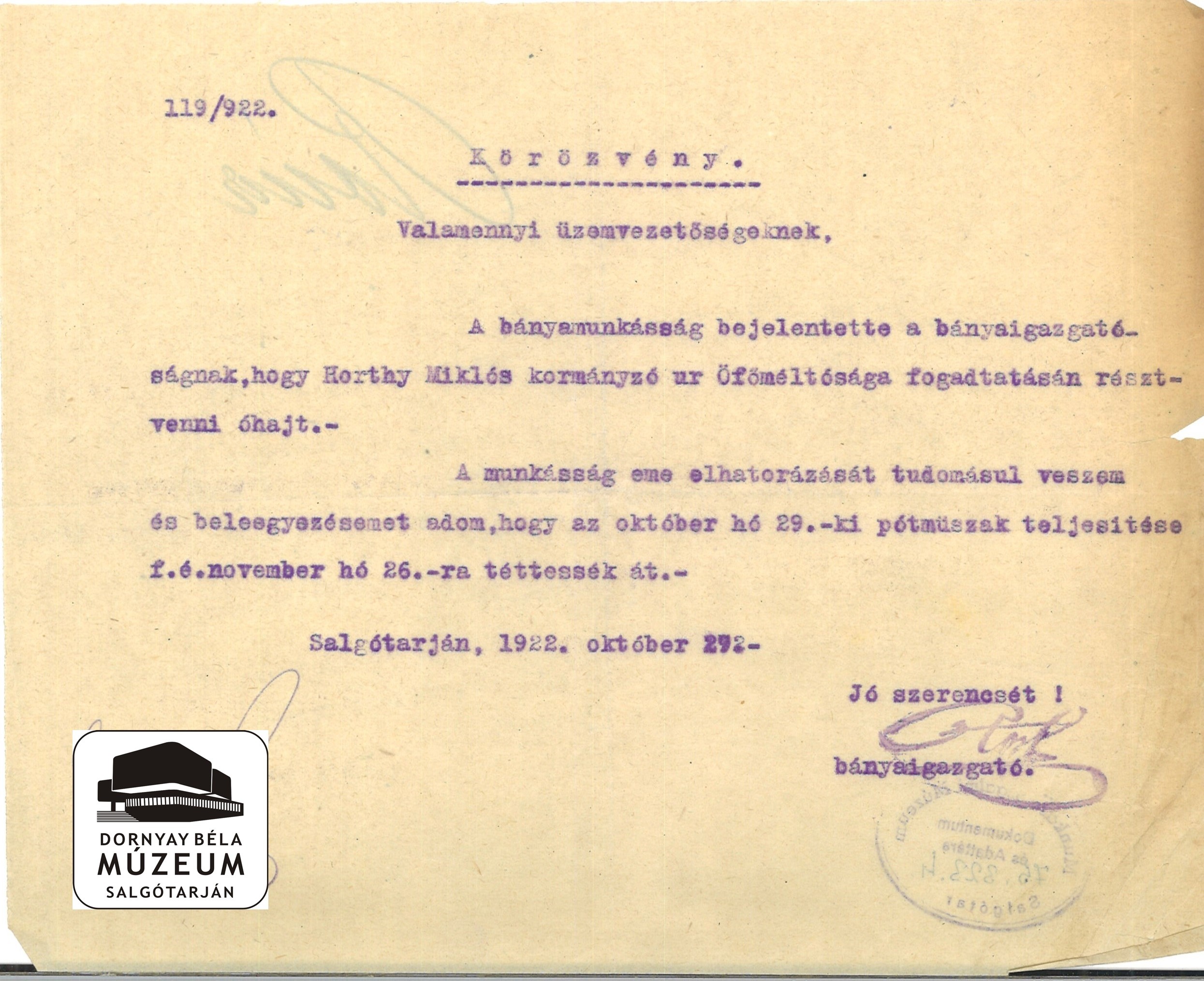 SKB Rt. A bányamunkásság részvétele Horthy fogadásán (Dornyay Béla Múzeum, Salgótarján CC BY-NC-SA)