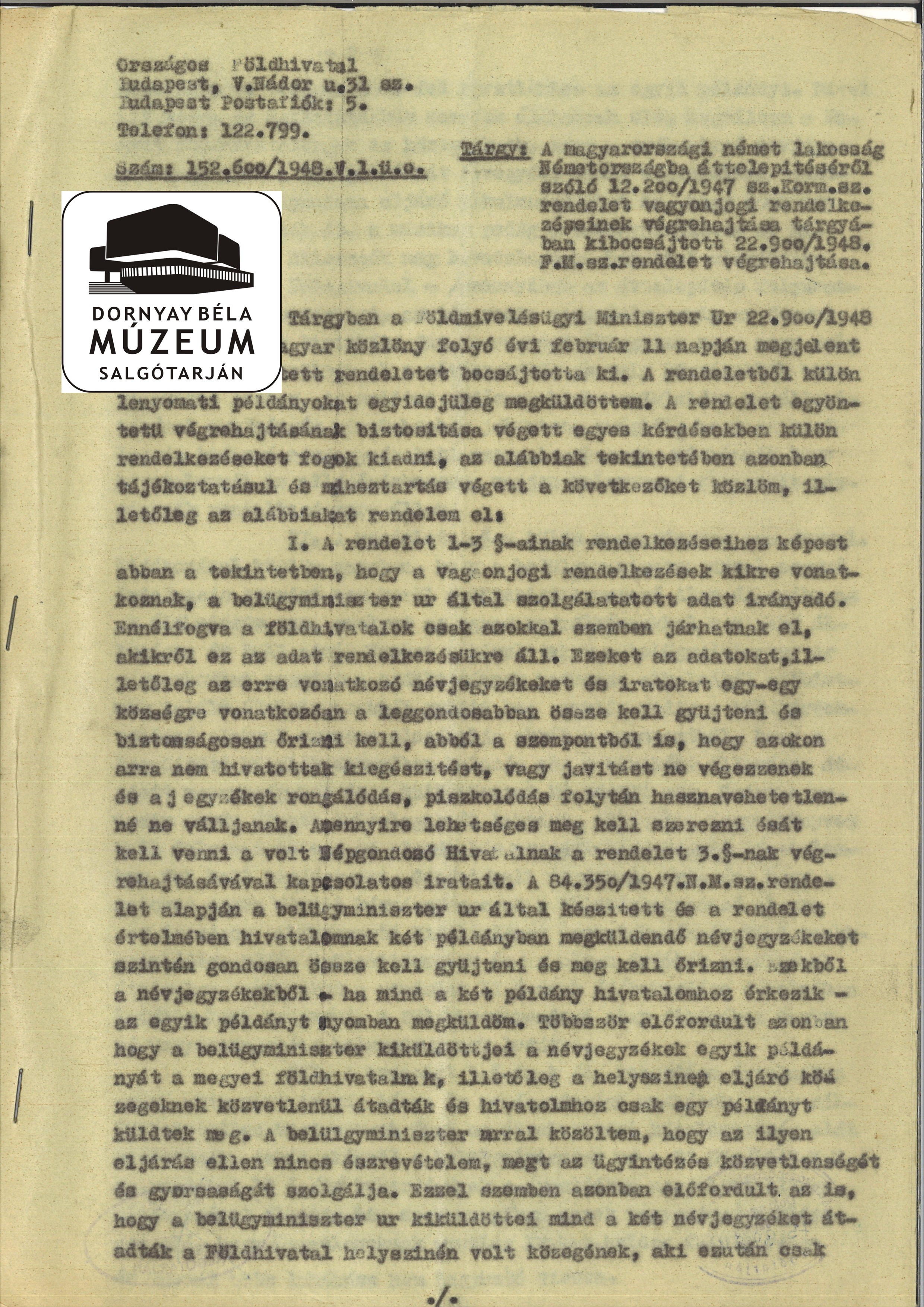Magyarországi német lakosság kitelepítésről szóló rendelkezés (Dornyay Béla Múzeum, Salgótarján CC BY-NC-SA)