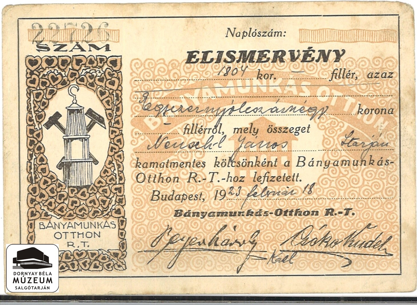 Neuschel János hozzájárulása a Bányamunkás Otthon Rt.-hoz (Dornyay Béla Múzeum, Salgótarján CC BY-NC-SA)