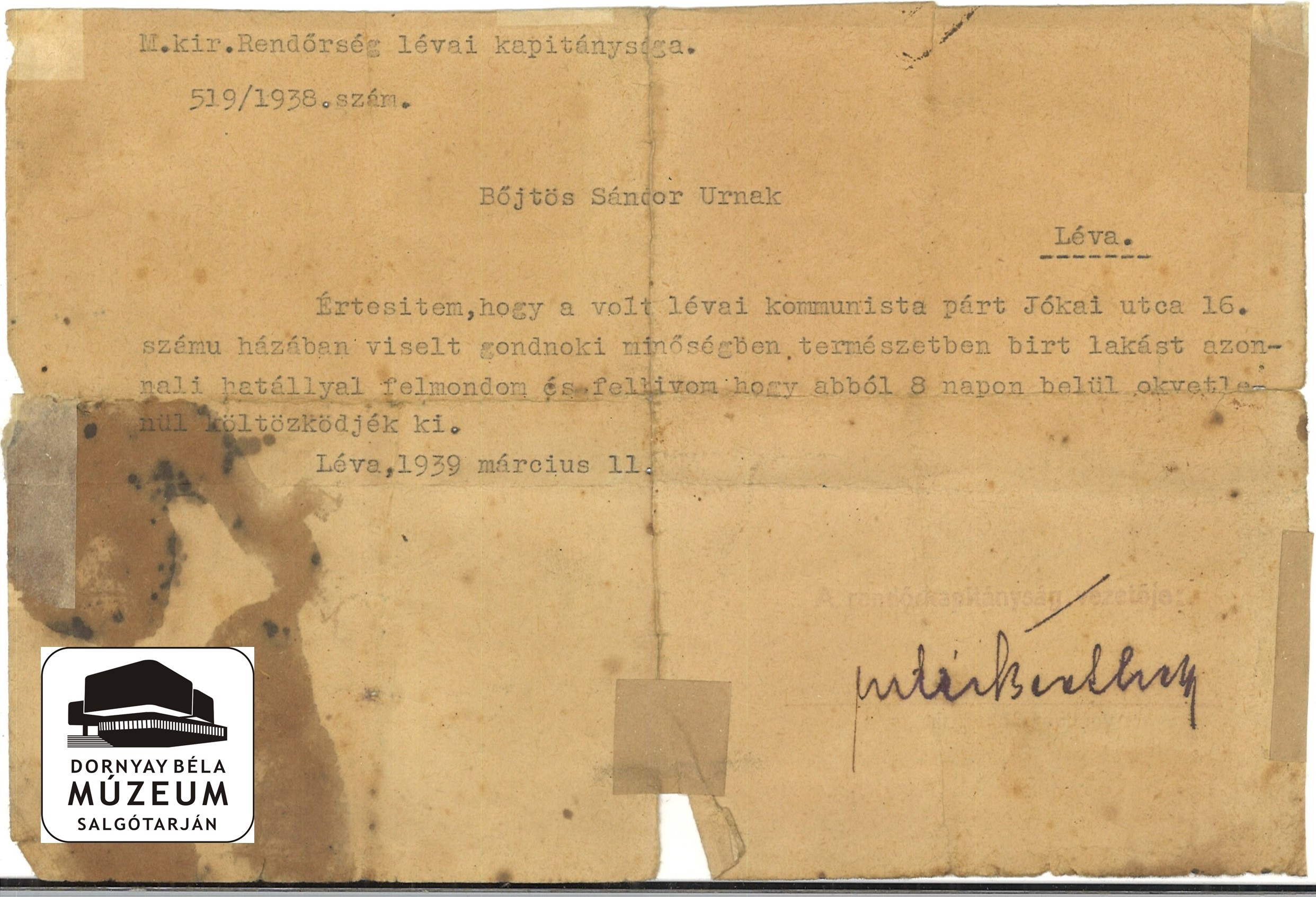 Böjtös Sándor lakás felmondása a rendőrkapitányság által (Dornyay Béla Múzeum, Salgótarján CC BY-NC-SA)