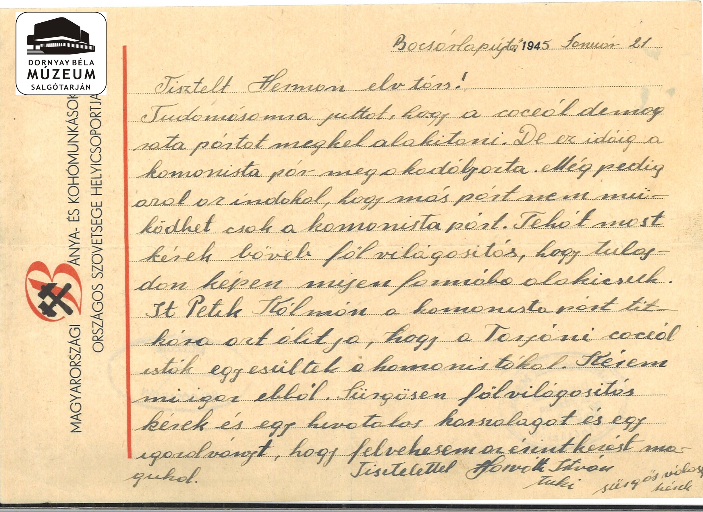 Bocsárlapujtői szociáldemokraták levele az MKP megyei titkárához, Hermann elvtárshoz (Dornyay Béla Múzeum, Salgótarján CC BY-NC-SA)