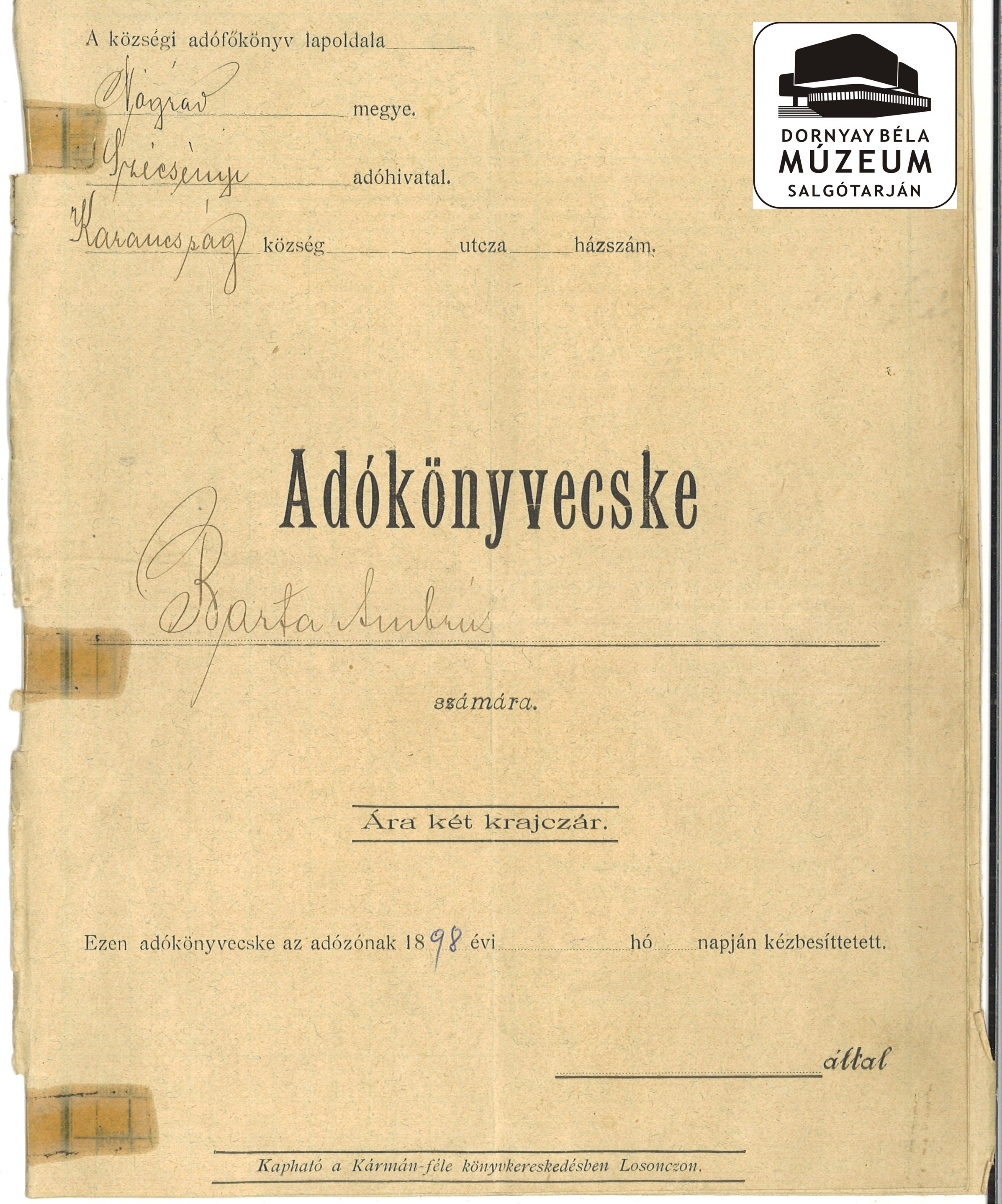 Barta Ambrus adókönyve (Dornyay Béla Múzeum, Salgótarján CC BY-NC-SA)