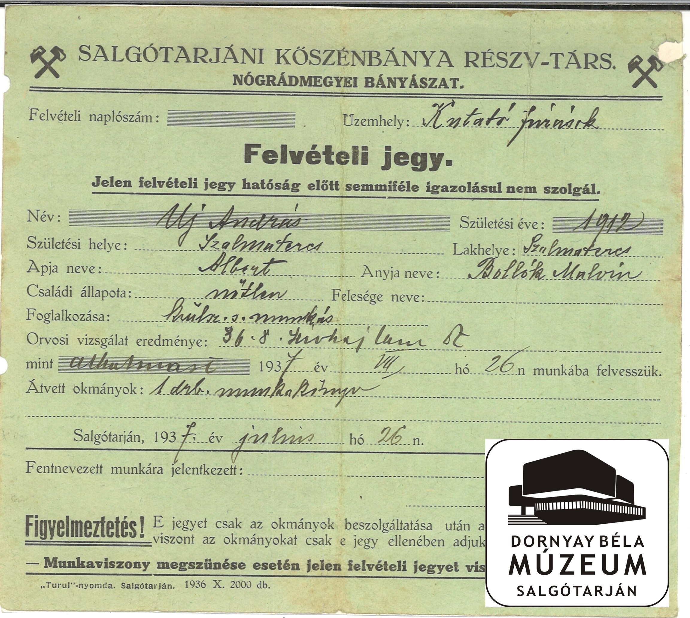 SKB Rt. Felvételi jegye (Dornyay Béla Múzeum, Salgótarján CC BY-NC-SA)