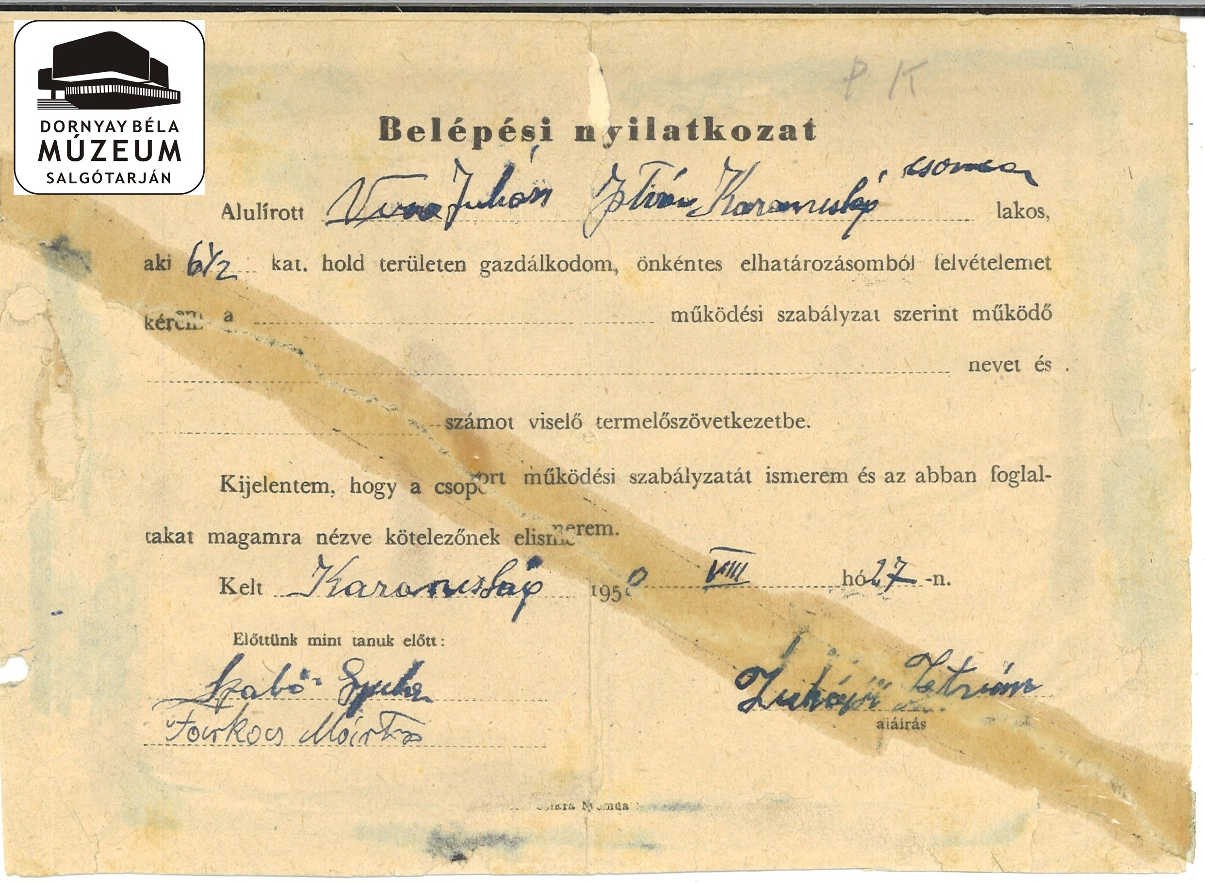 TSz belépési nyilatkozat (Juhász István) (Dornyay Béla Múzeum, Salgótarján CC BY-NC-SA)