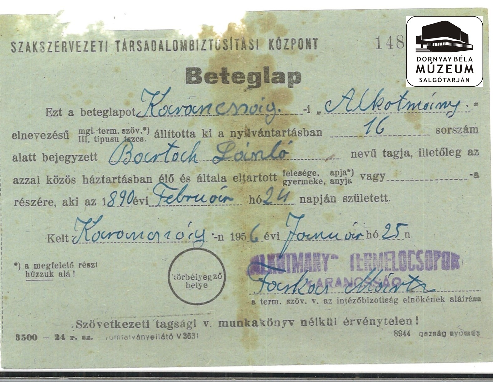 A karancssági Alkotmány TSz által kiállított beteglap (Dornyay Béla Múzeum, Salgótarján CC BY-NC-SA)