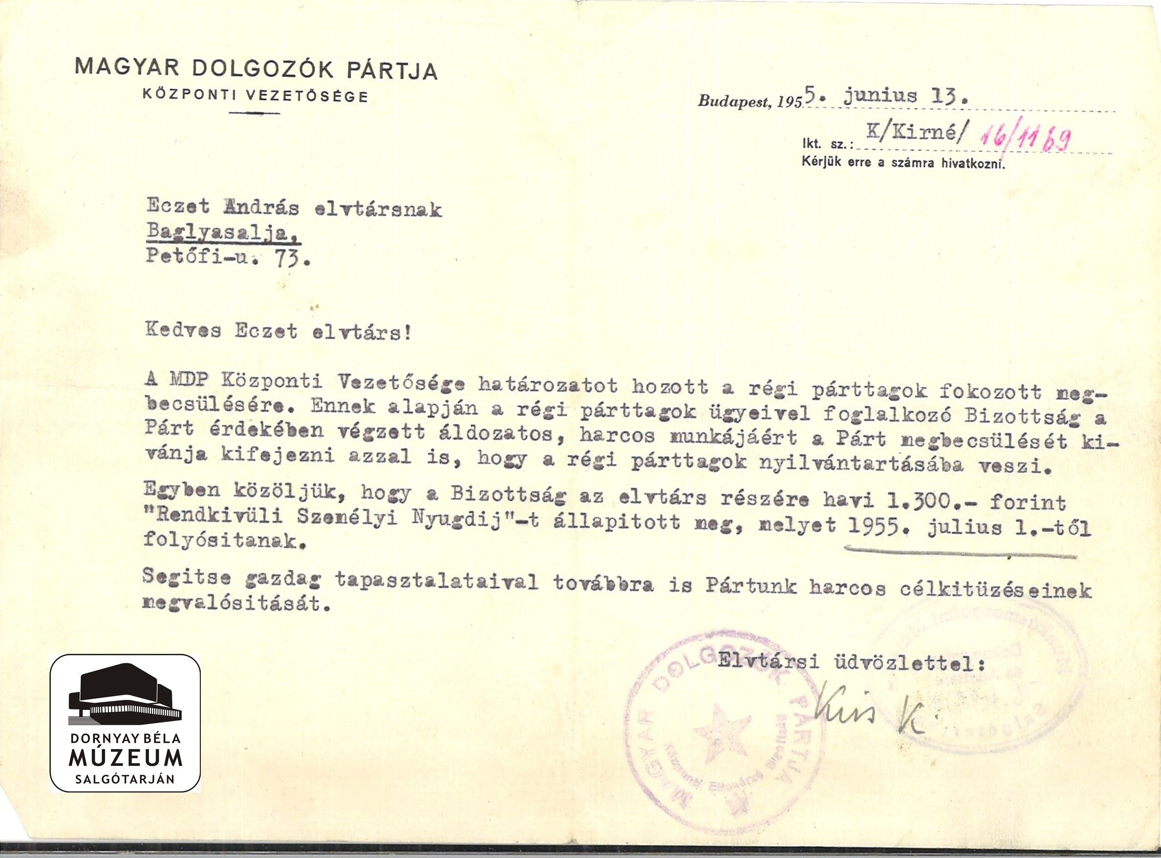 MDP KV levele Eczet Andrásnak személyi nyugdíj megállapításáról (Dornyay Béla Múzeum, Salgótarján CC BY-NC-SA)