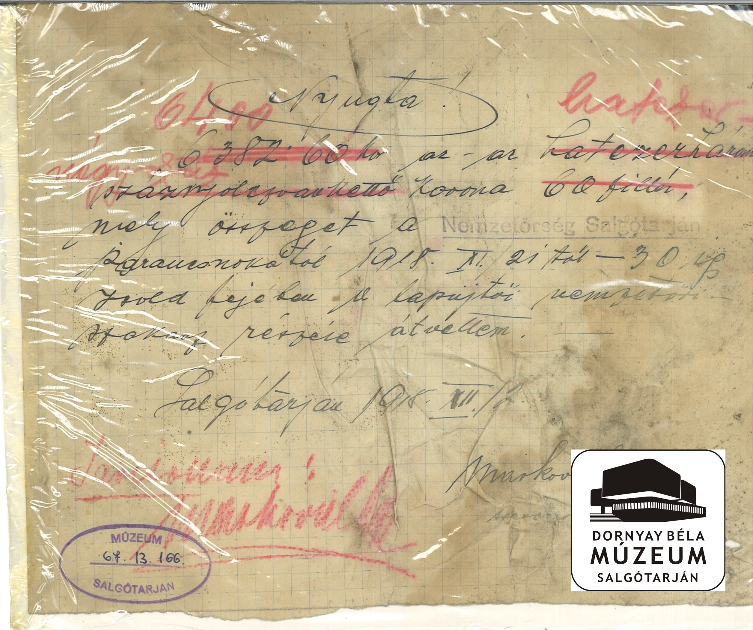 Nyugta a karancslapujtői nemzetőri szakasz 1918.nov. 21-30-ig járó zsoldjáról (Dornyay Béla Múzeum, Salgótarján CC BY-NC-SA)