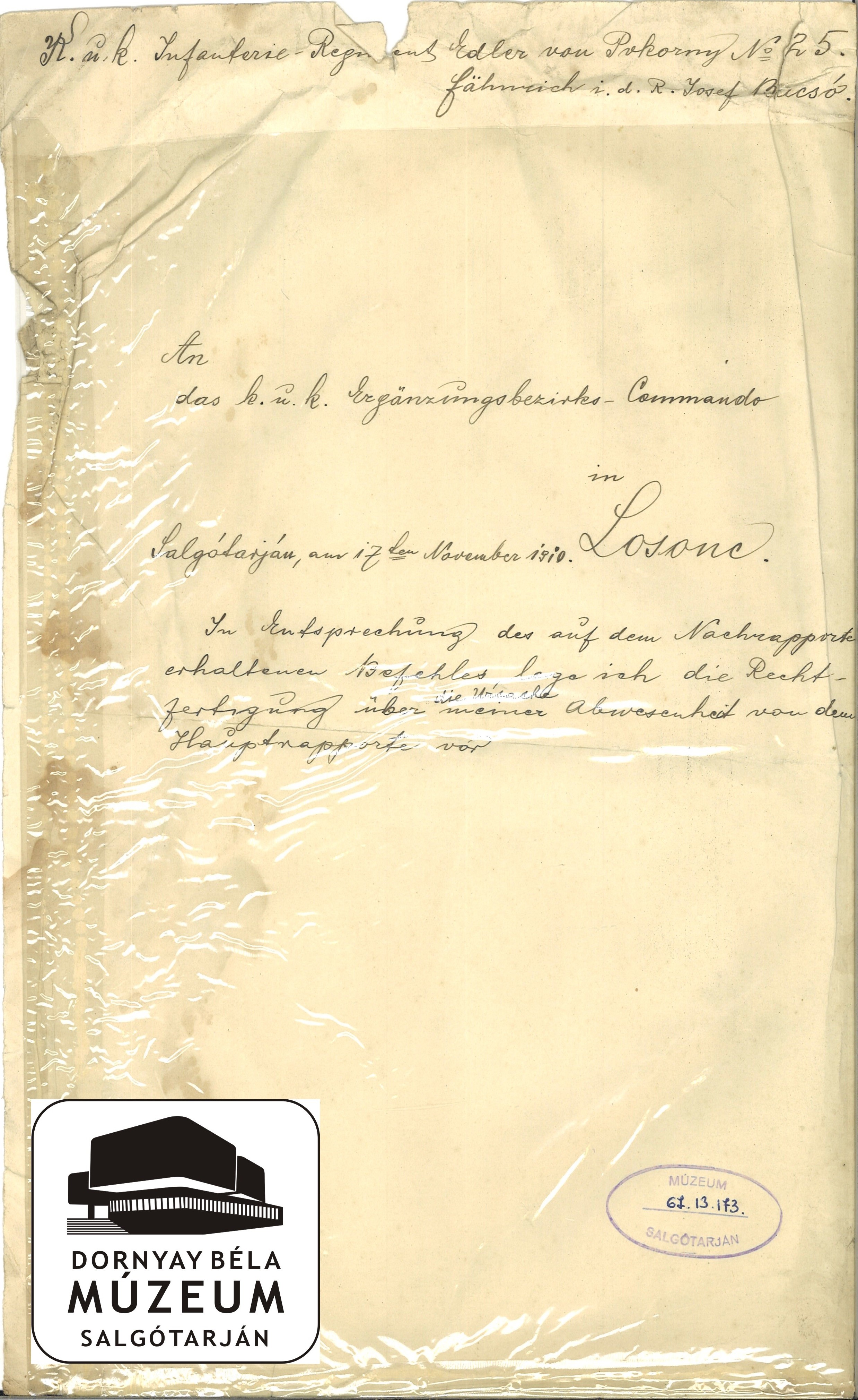Bacsó József levele a losonci hadkiegészítő parancsnokságnak (Dornyay Béla Múzeum, Salgótarján CC BY-NC-SA)
